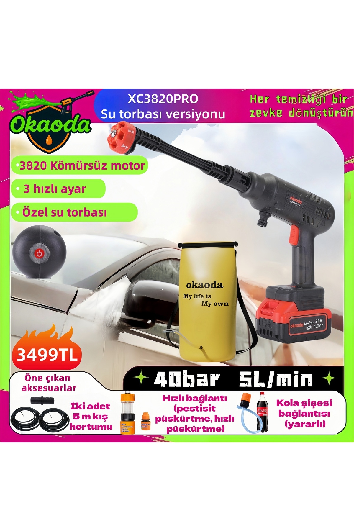 okaoda (XC3820PRO SU TORBASI VERSİYONU) Çift Lityum Pil Hız Kontrolü Fırçasız Motor Araba Yıkama Tabancası