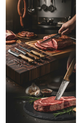 Yatağan Zeybek El Yapımı Dövme Karbon Çeliği 3'lü Et, Kasap & Kurban Bıçağı Seti