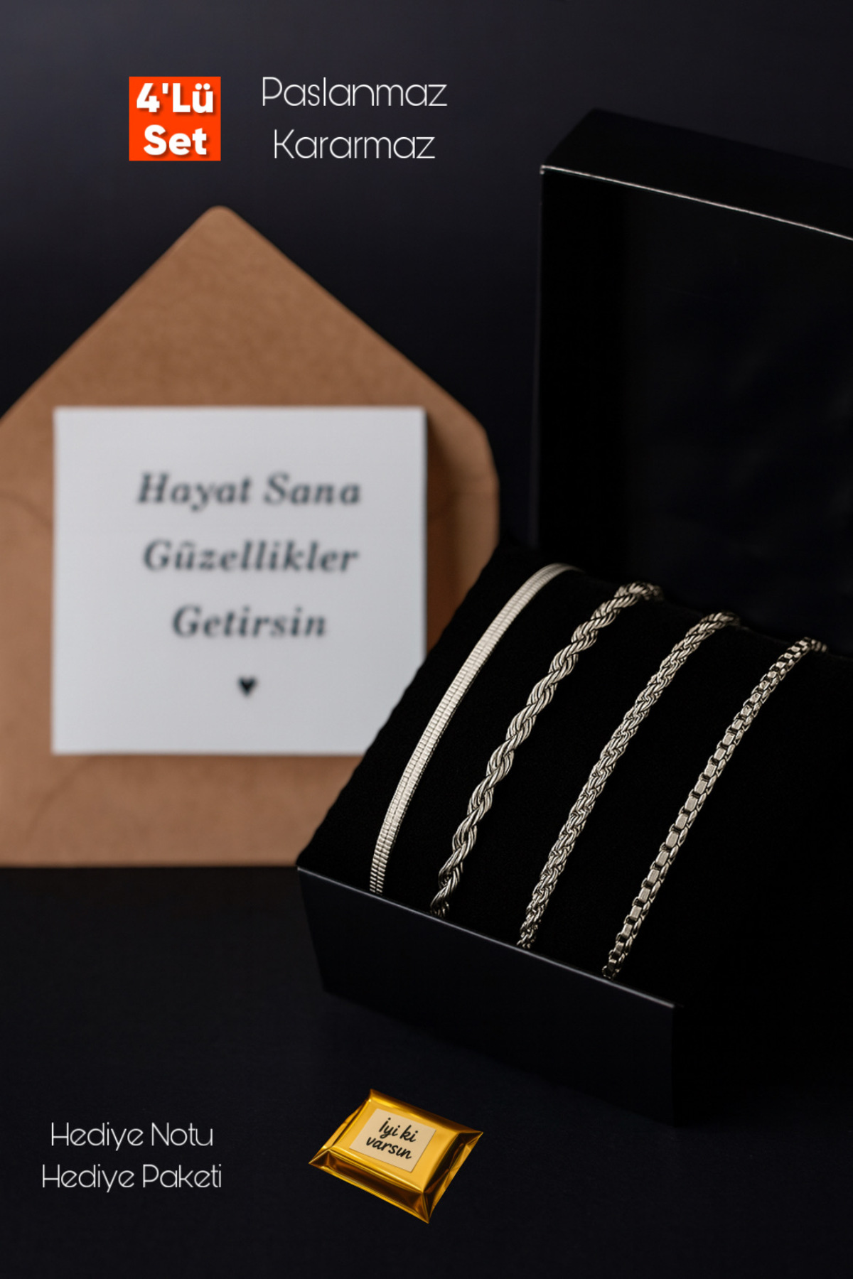 ruvelu 4’lü Yüksek Kalite Paslanmaz Kararmaz Çelik Bileklik Seti - Unisex - Hediye Notlu görsel 7