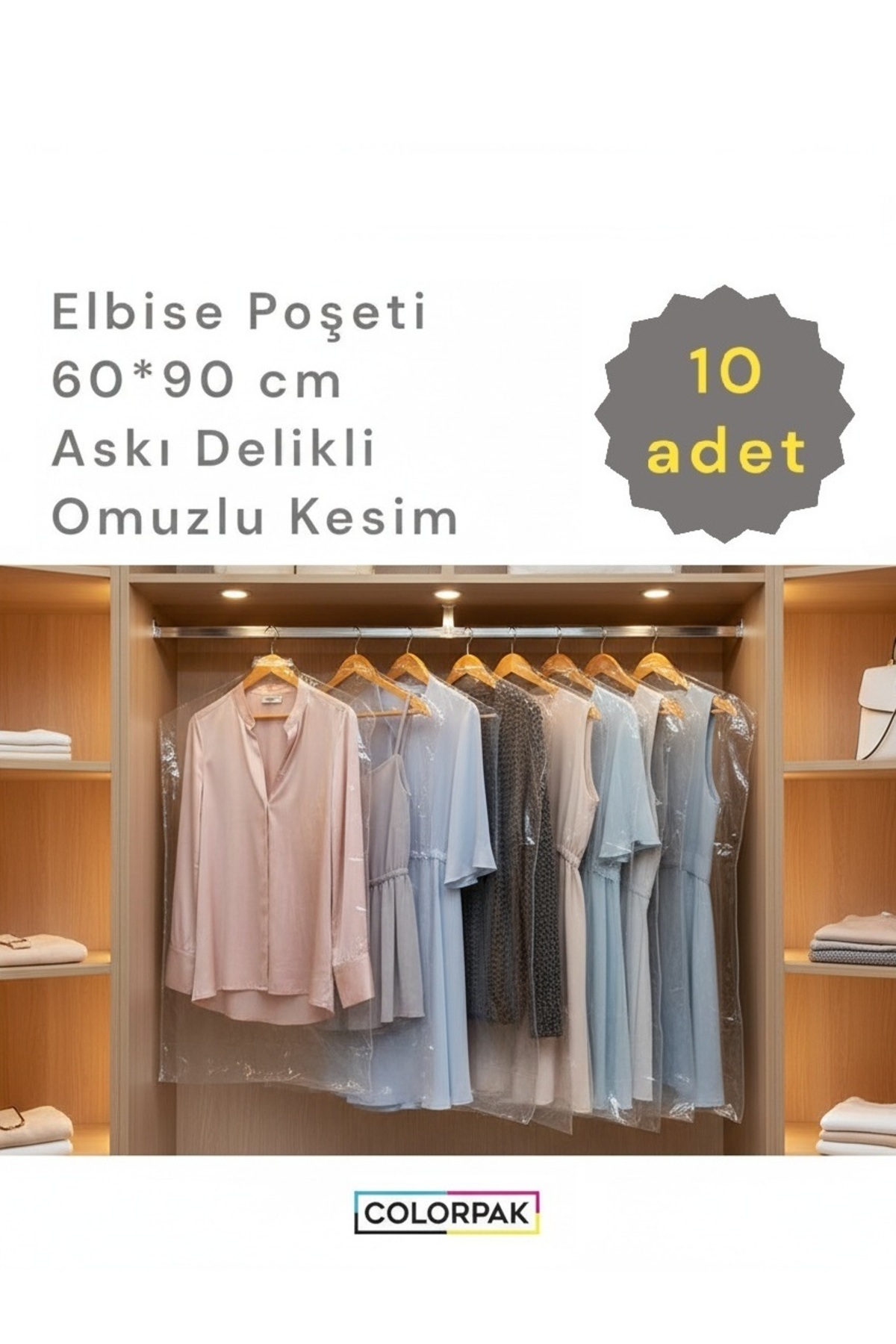 COLORPAK Elbise Poşeti (60X90 CM) Askı Delikli Omuzlu Kesim (10 ADET) Şeffaf Kıyafet Koruma Hurç Kılıf Naylon