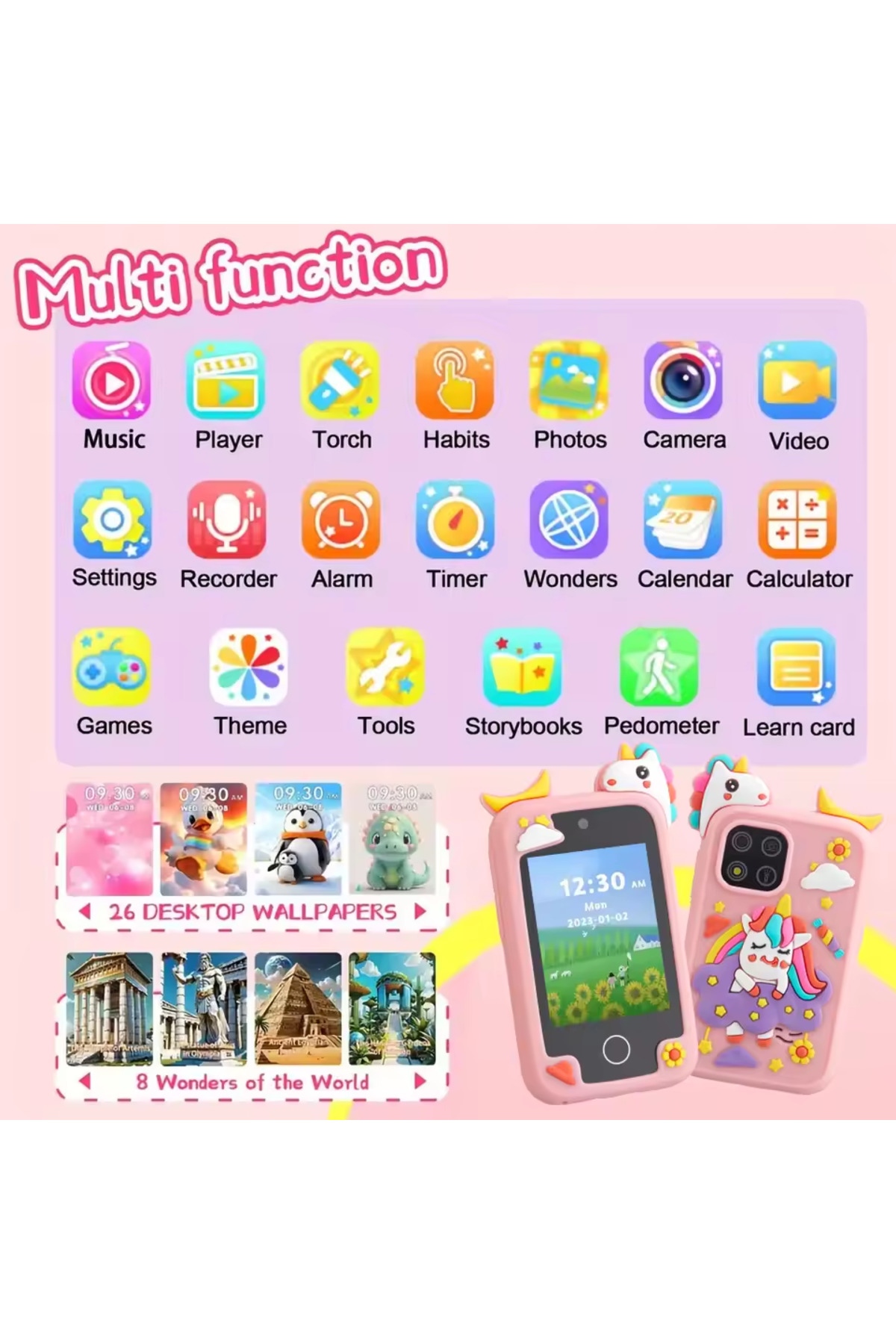 صورتی با ۸ گیگابایت AMORUS اسباب‌بازی‌های هوشمند تلفن همراه برای کودکان، عروسک متحرک کارتونی، پخش‌کننده MP3، دوربین دیجیتال برای دختر