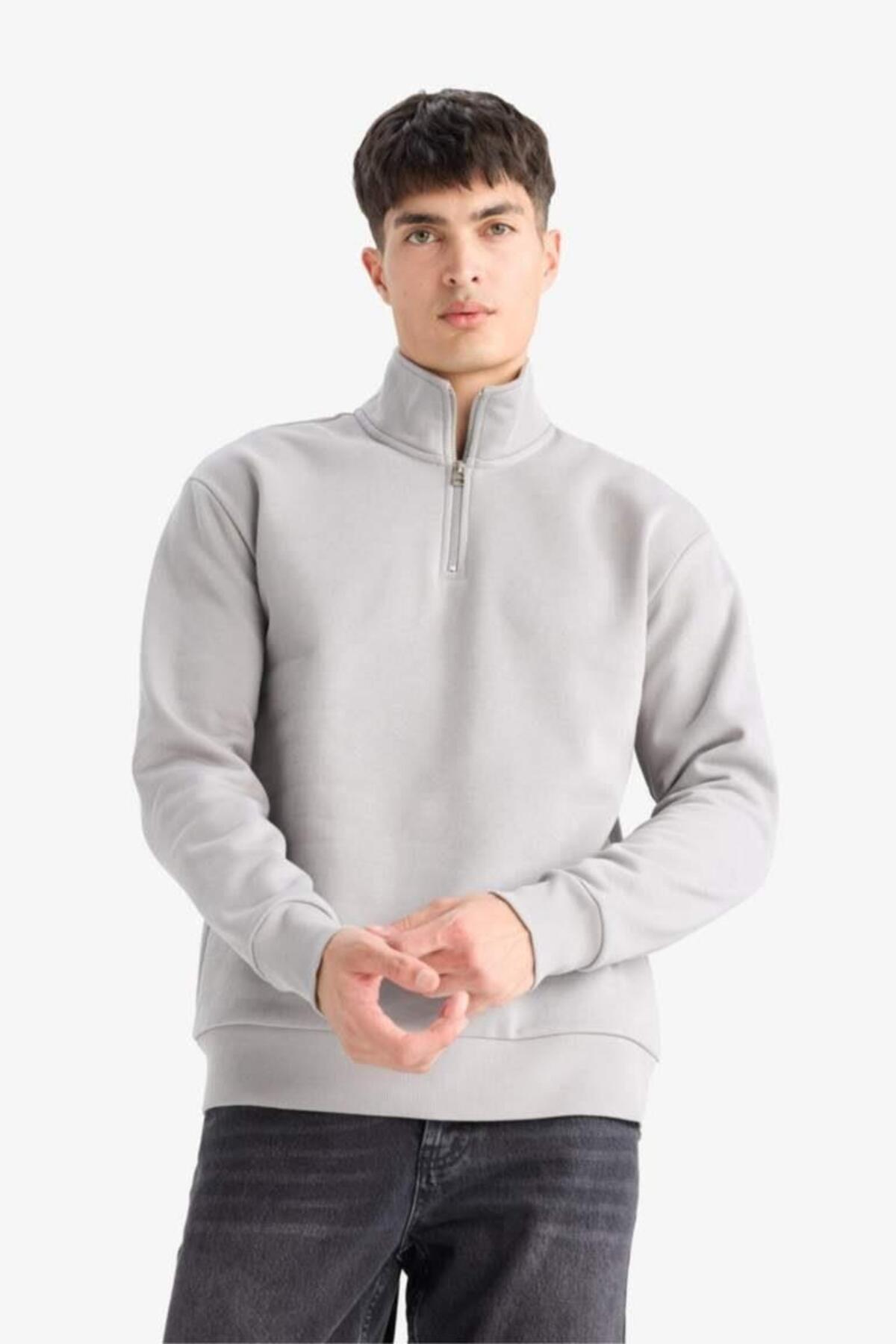 DeFacto Regular Fit Dik Yaka Yarım Fermuarlı Basic Sweatshirt X7405AZ25AU görsel 6