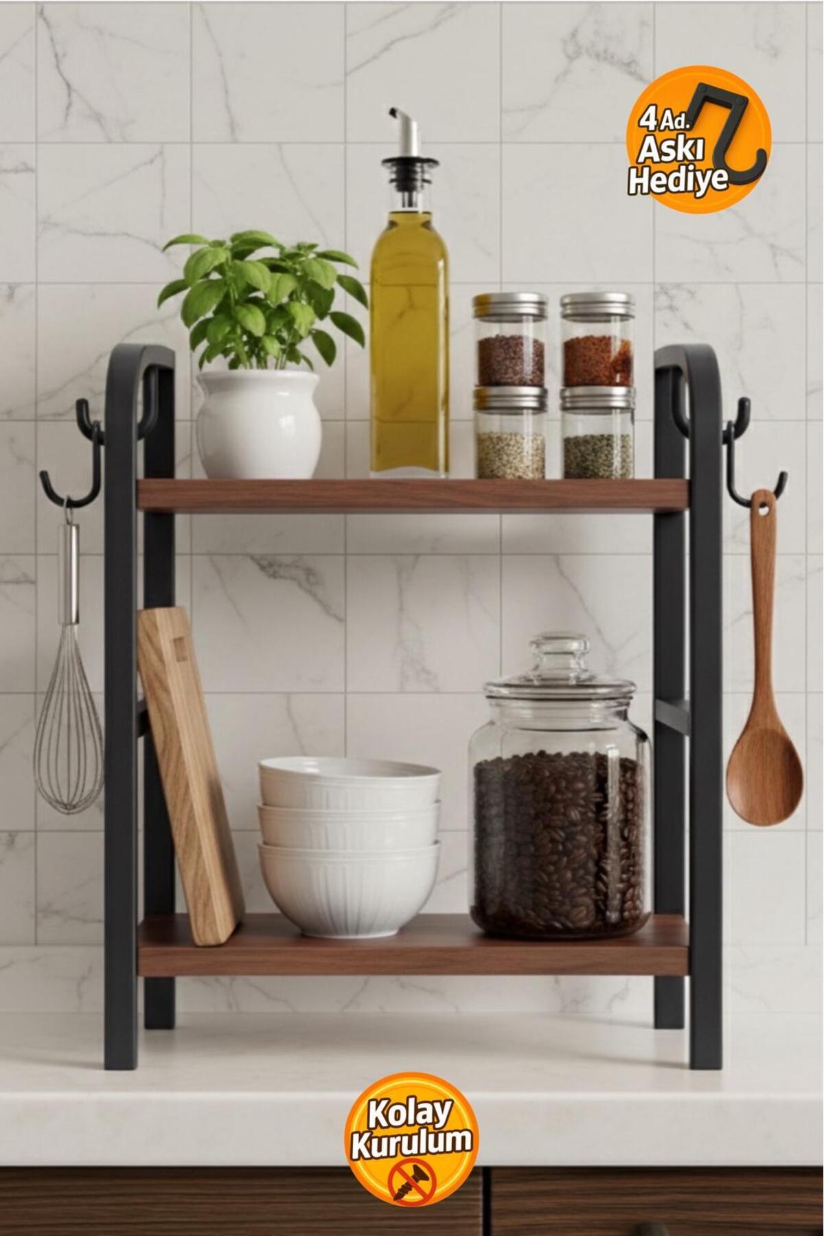 Bambus Home Mutfak Tezgah Üstü Ahşap Organizer 2 Raflı Banyo Mutfak Düzenleyici