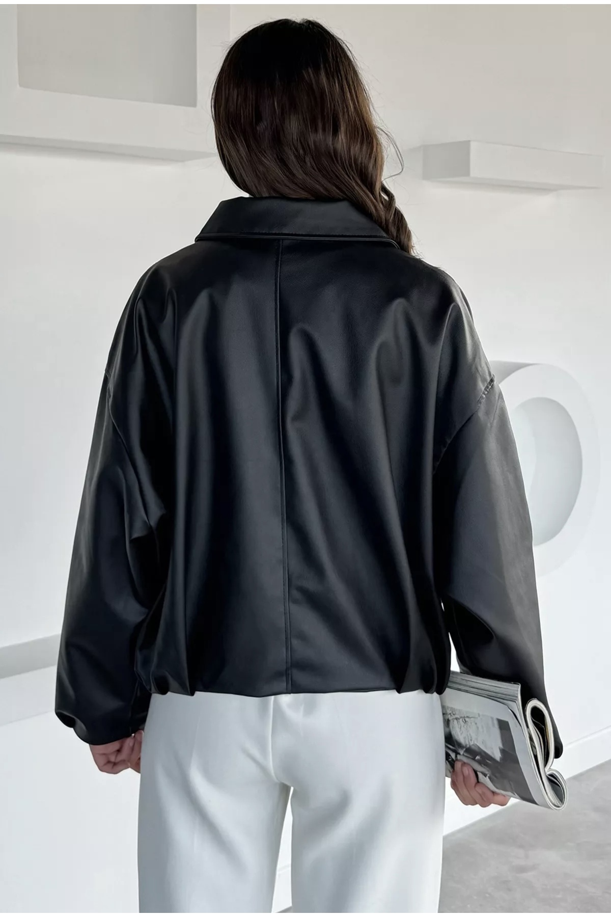 çerme Yeni Sezon P&B Suni Oversize Bomber Deri Ceket görsel 6