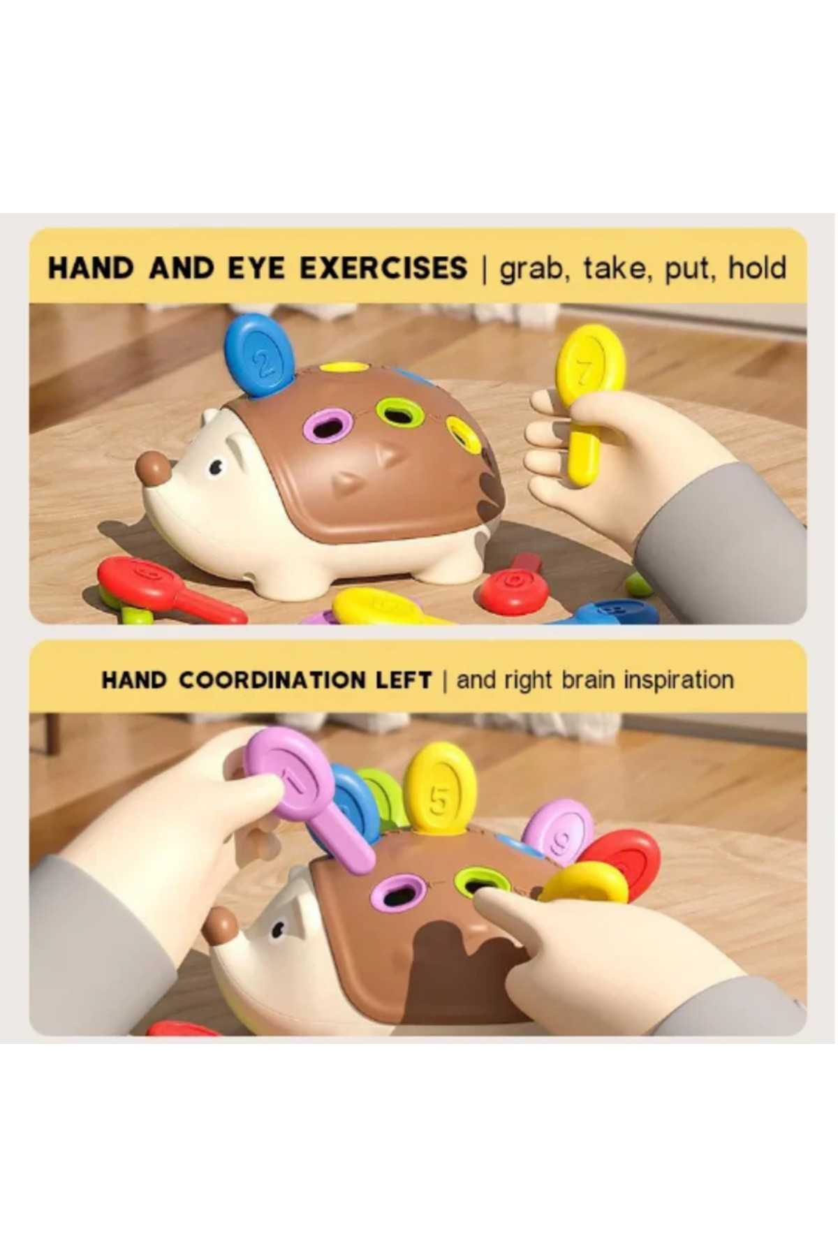 خرگوش خاردار قهوه‌ای مونته‌سوری، اسباب‌بازی کودک، هماهنگی دست و چشم، تمرین مهارت‌های حرکتی ظریف، تقویت تمرکز