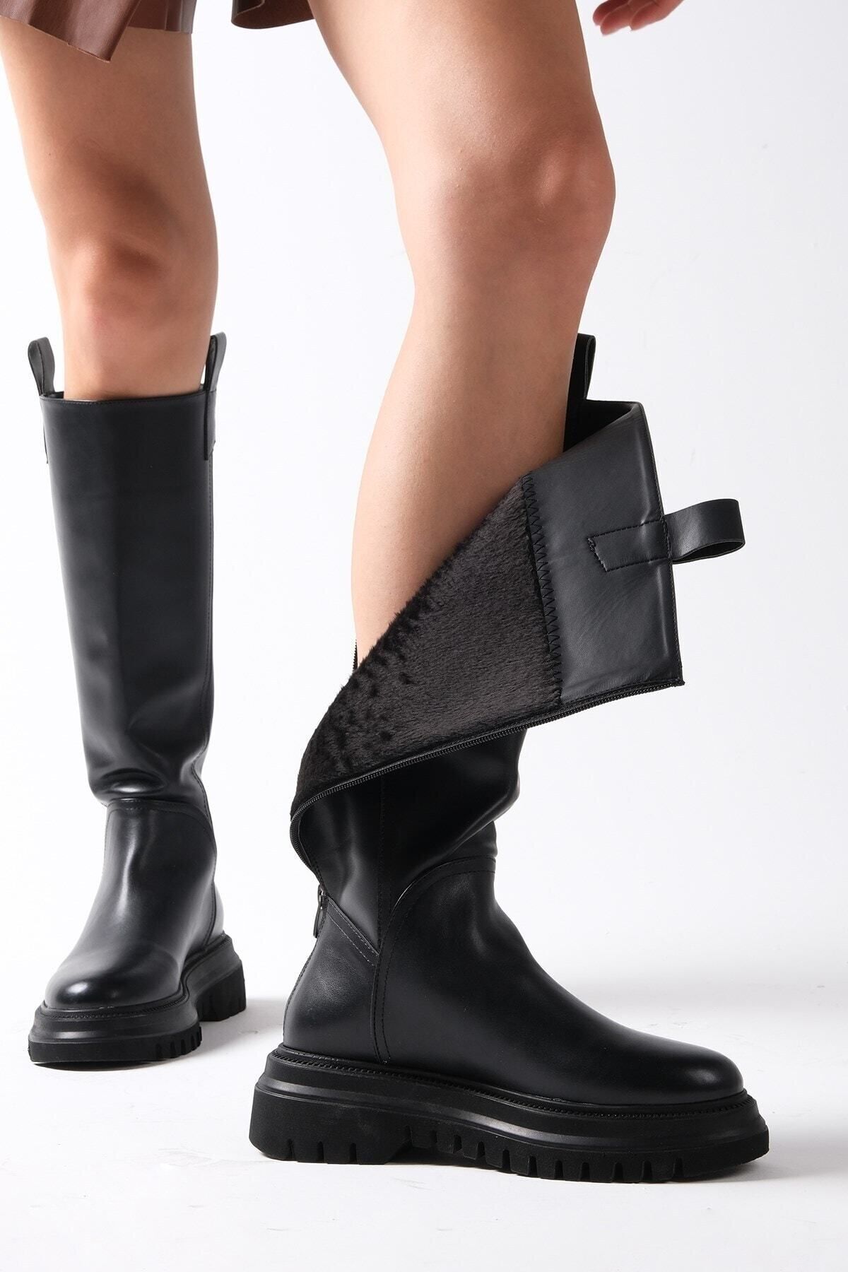 Mio Gusto Czarne skórzane buty damskie z podszewką z futerkiem i zamkiem z tyłu