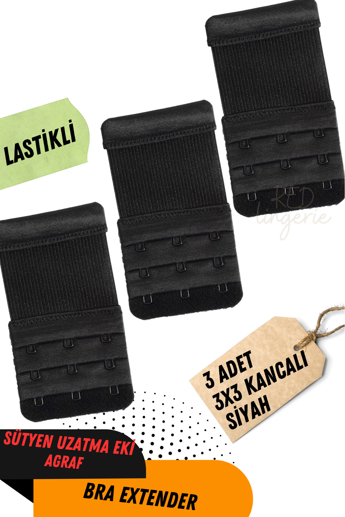 red iç giyim Kadın 3’lü Kanca Siyah Lastikli Sütyen Uzatma Kopçası Agraf/Ek Aparatı Seti