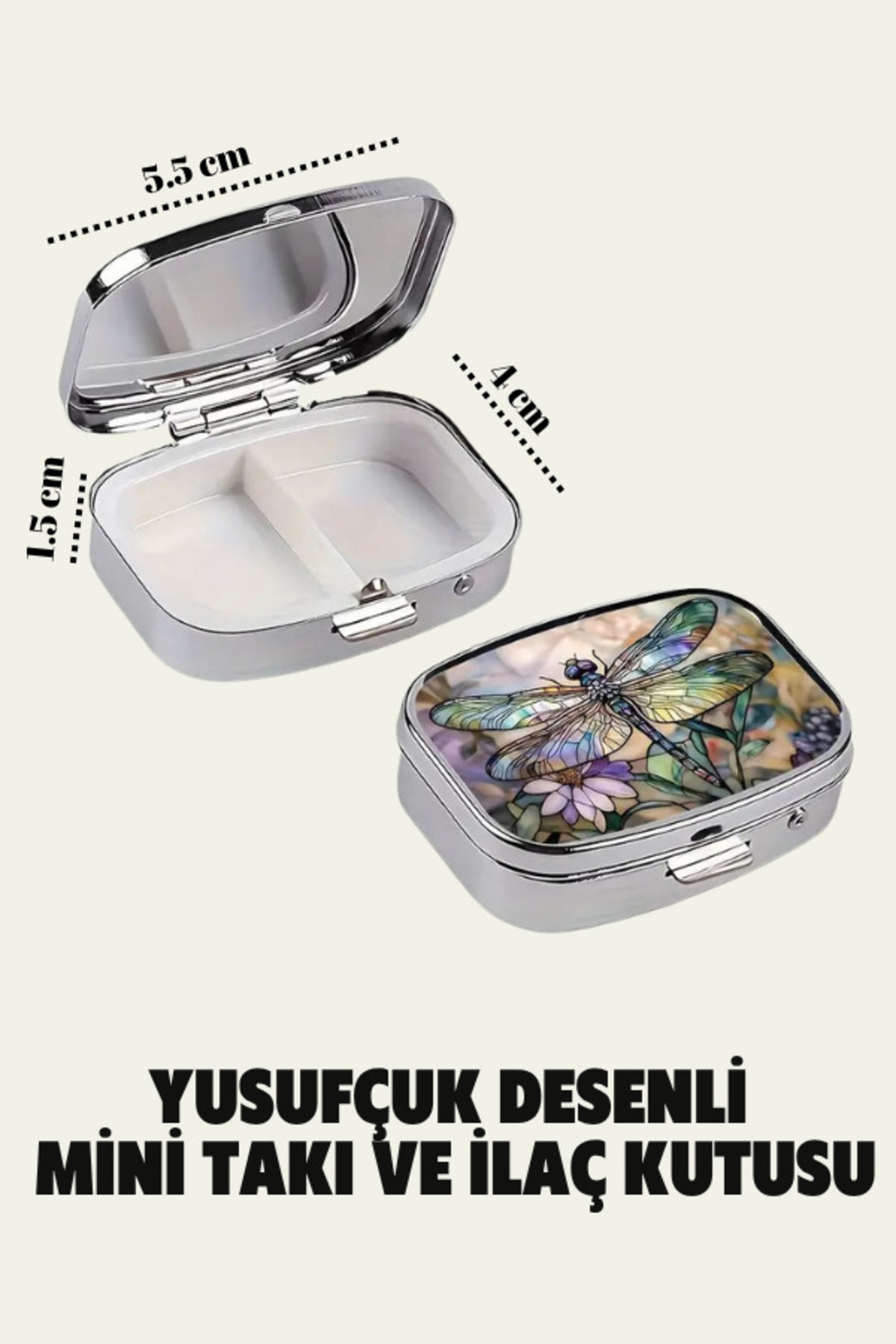 shop Yusufçuk Desenli Sanatsal Tasarım Mini Metal İlaç Kutusu Çift Bölmeli Hap Saklama Kabı