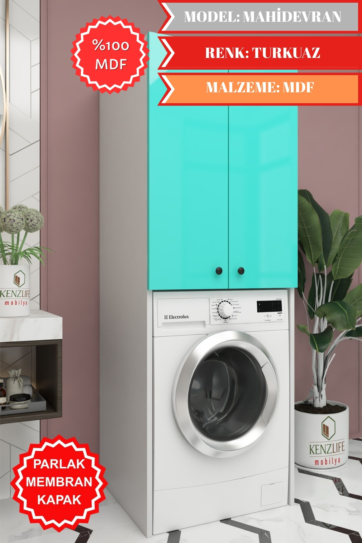 Kenzlife membran çamaşır-kurutma-bulaşık makinesi dolabı mahidevran trkbyz düz 180*70*60 mebran kapak mdf