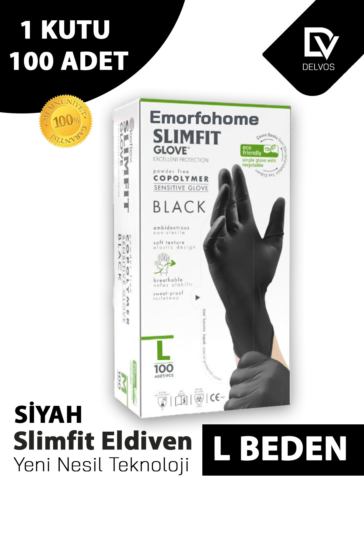 EMORFOHOME Slimfit Tek Kullanımlık Pudrasız Siyah L Beden Eldiven 100’lü Burger Muayene Eldiveni Latex İçermez