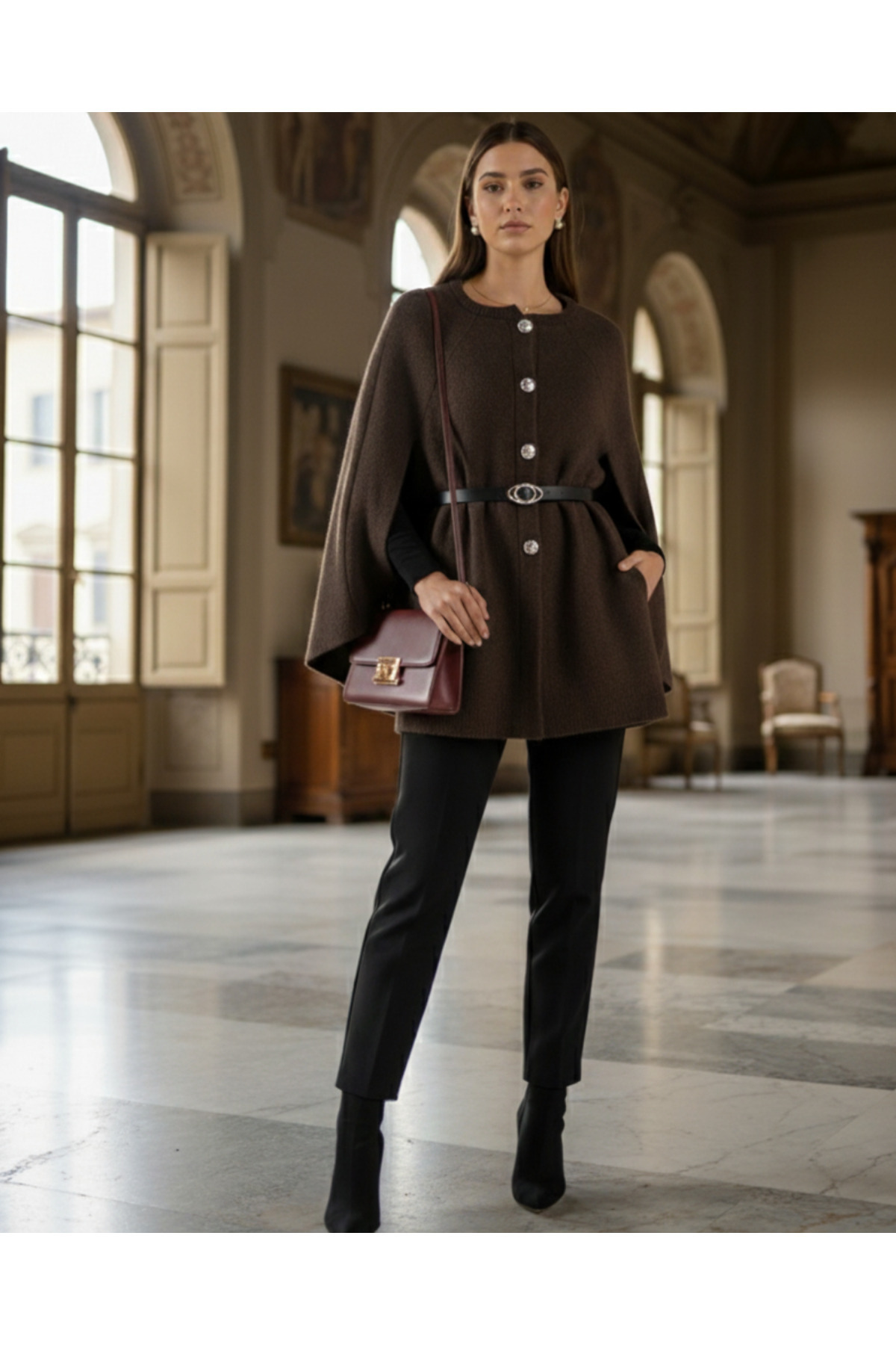 Tradinyom Kadın Yumuşak Triko Kumaşlı Kuşaklı Sıcak Panço – Şık ve Zarif Tasarım