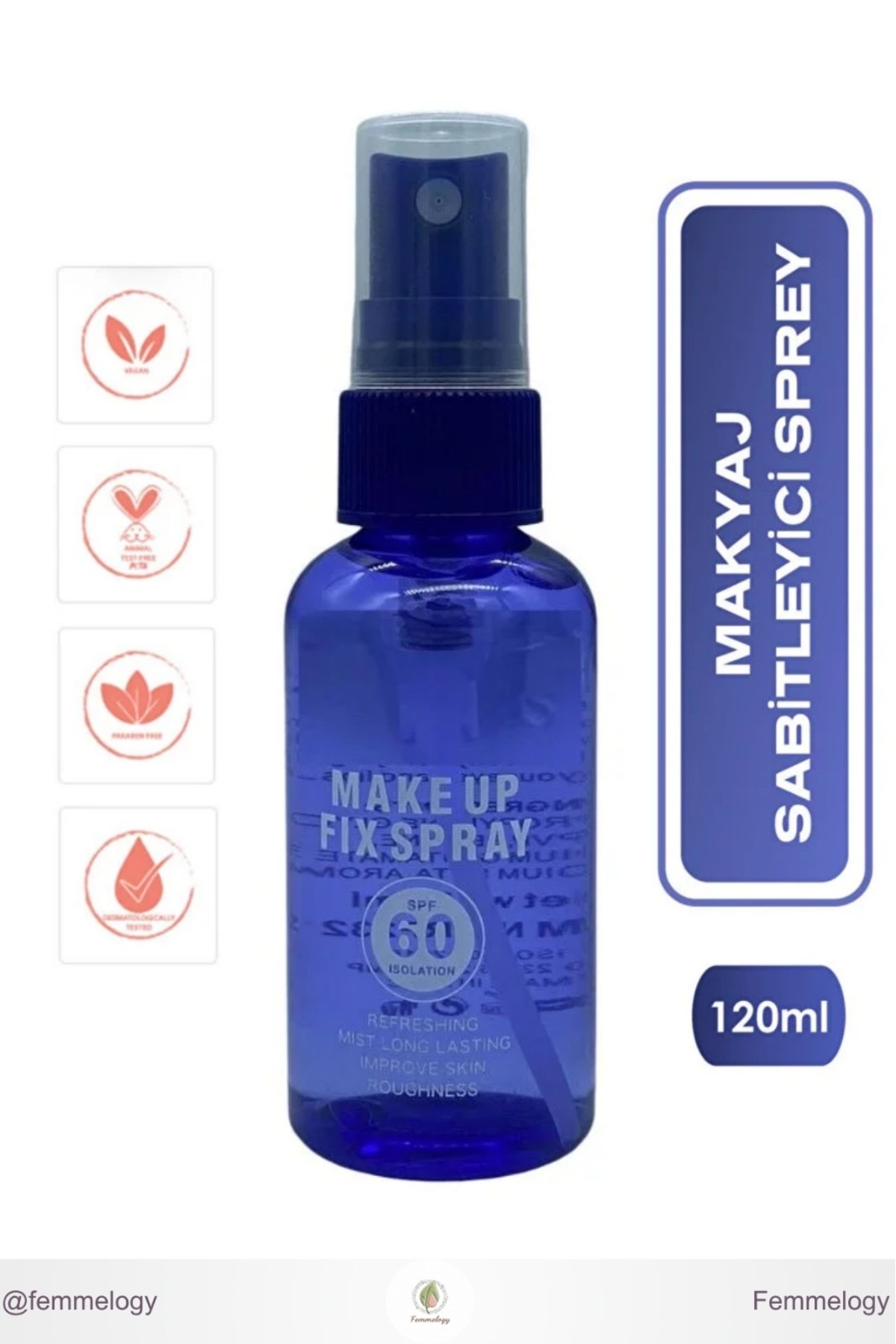 Vegan Makyaj Sabitleyici Sprey SPF 60 Cruelty-Free Paraben-Free Uzun Süre Kalıcı 120ml — سفید femmesprey000278 — تصویر 2 از 2