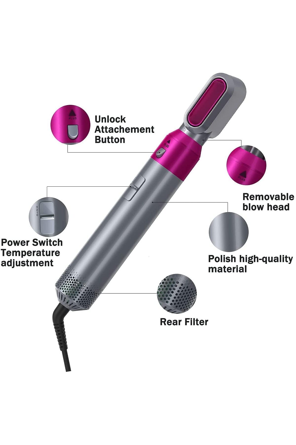 مجفف شعر 5 في 1، مع 5 أدوات تصفيف، درجة حرارة 3 سر...