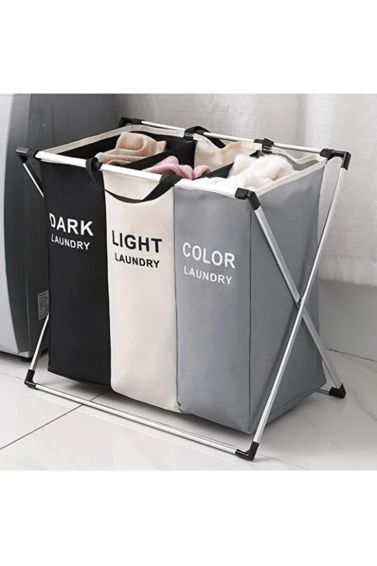 TSUMAB سلة غسيل للملابس، 3 أقسام، حقيبة تنظيم قابلة للطي، إطار لتخزين الملابس...