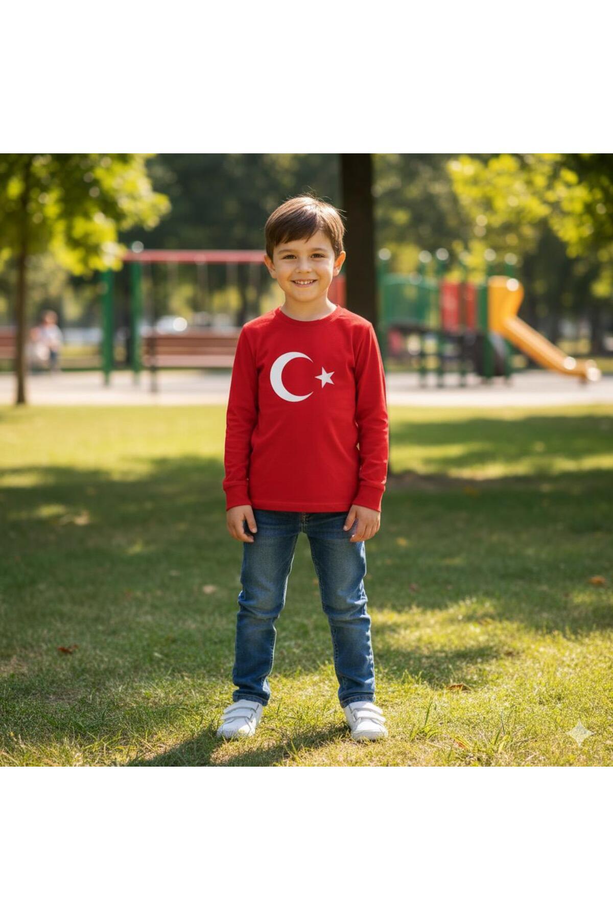 Ay yıldızı Unisex Çocuk Uzun Kollu Kırmızı Ay-yıldızlı Tişört