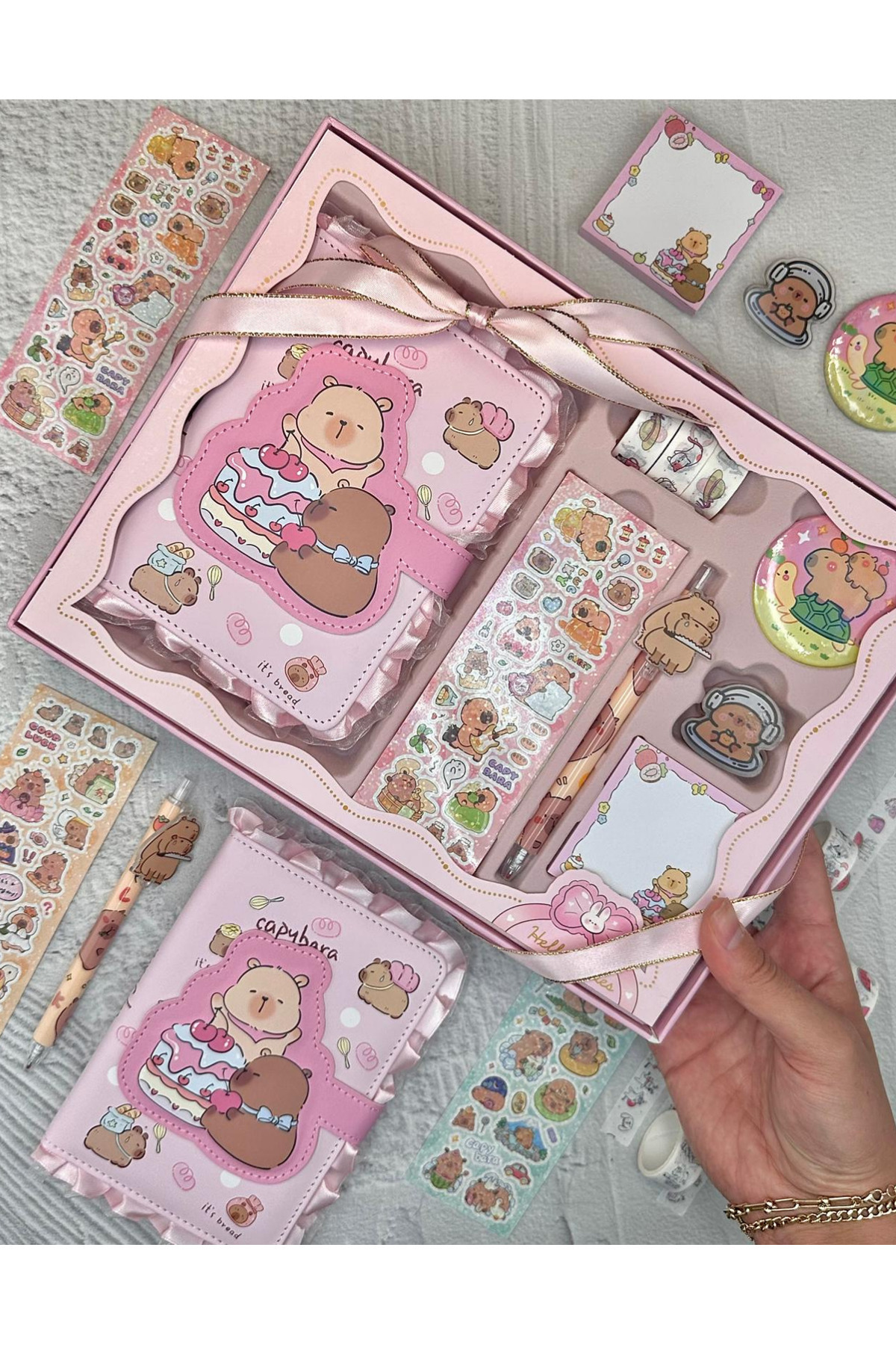 ZeCo Collection Capybara Pembe Dopdolu Binder Defter Hediye Seti /kutu Set/notebook/ Bullet Journal