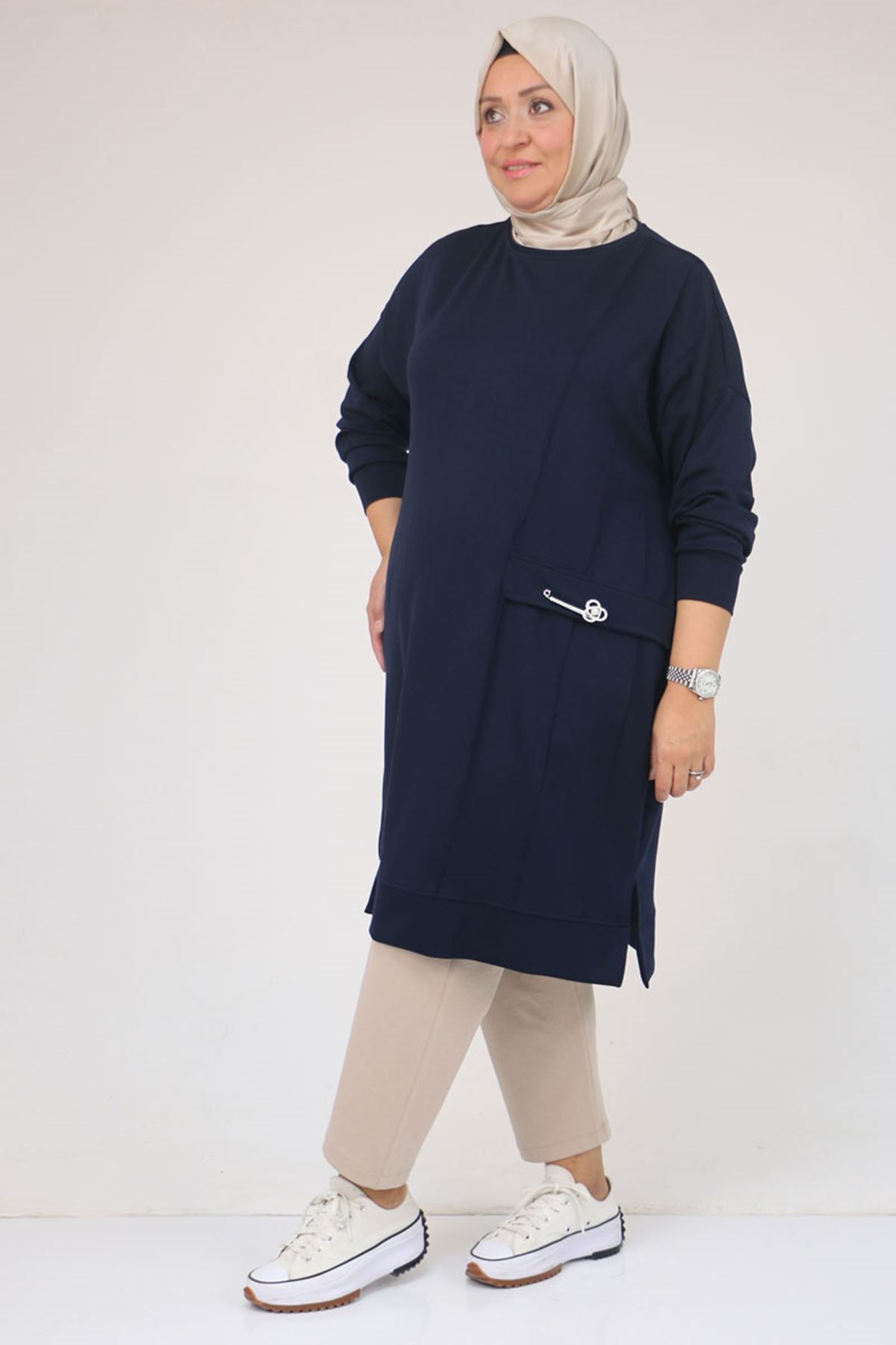 Eslina 58160 - Büyük Beden İncili Bros Detaylı Modal Tunik - Lacivert