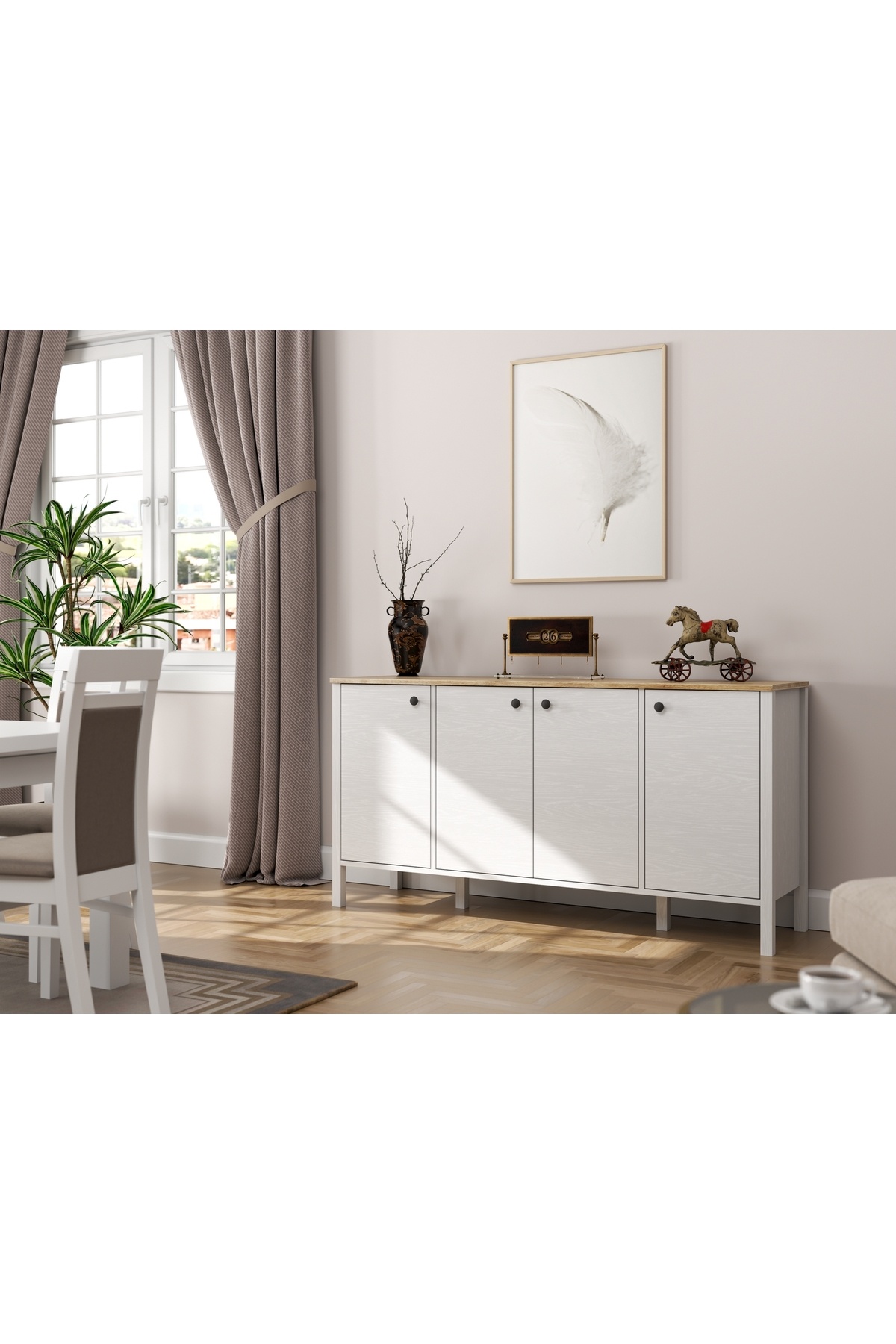 Sakura Ahşap Hunerika Nostalji 4 Kapaklı konsol-Wood Beyaz-Minifiks Bağlantılı