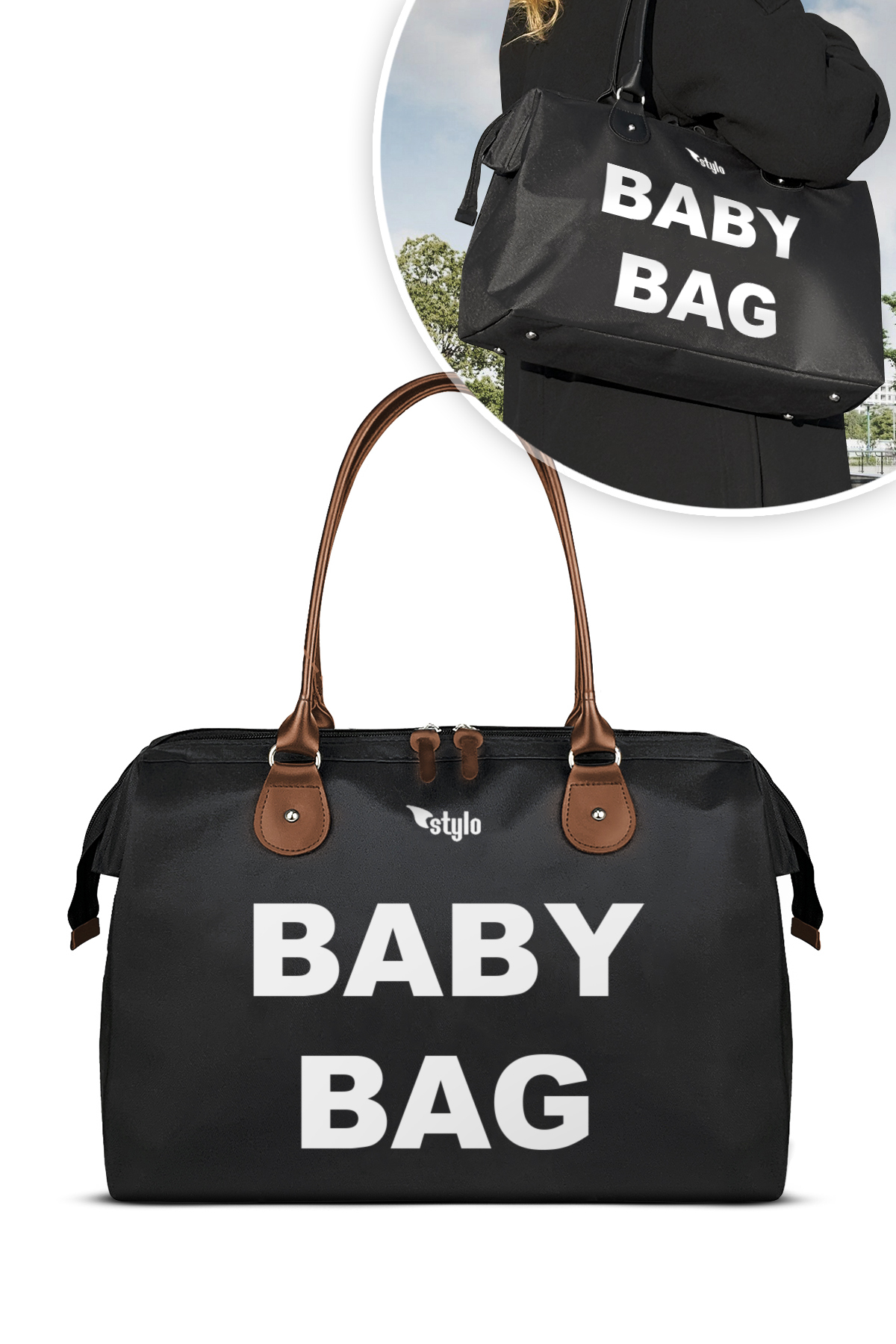 Stylo Baby Bag Bebek Bakım Kadın Omuz Çantası + Popi Anne Kadın Sırt Çantası Termos Çanta Hediye-Siyah fotoğrafı 2 (önizleme)