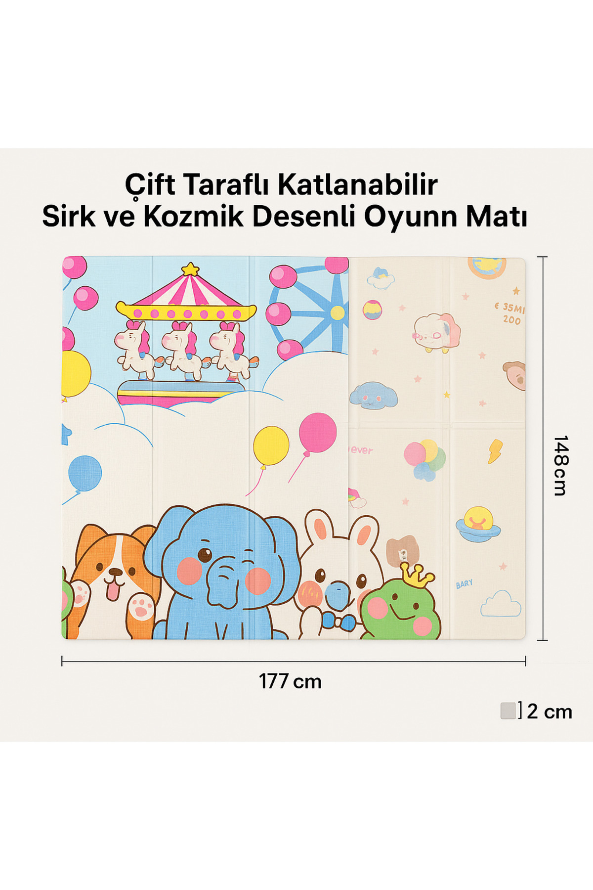Store Çift Taraflı Katlanabilir Sirk ve Kozmik Desenli Oyun Matı – 177x148cm Yumuşak Zemin