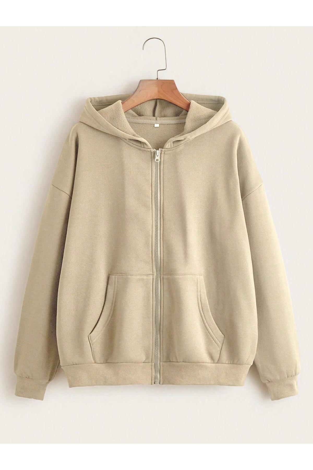 MODAGEN Unisex Kapüşonlu Fermuarlı Bej Hırka Bisiklet Yaka Kahverengi Sweatshirt Takım görsel 2