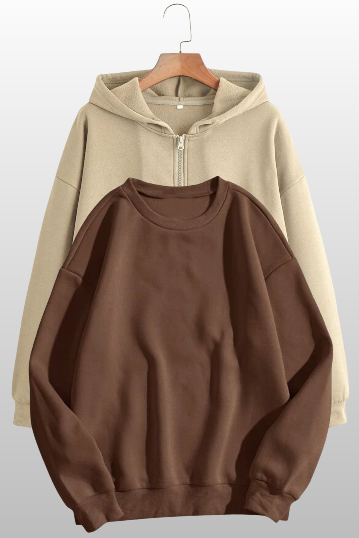 MODAGEN Unisex Kapüşonlu Fermuarlı Bej Hırka Bisiklet Yaka Kahverengi Sweatshirt Takım