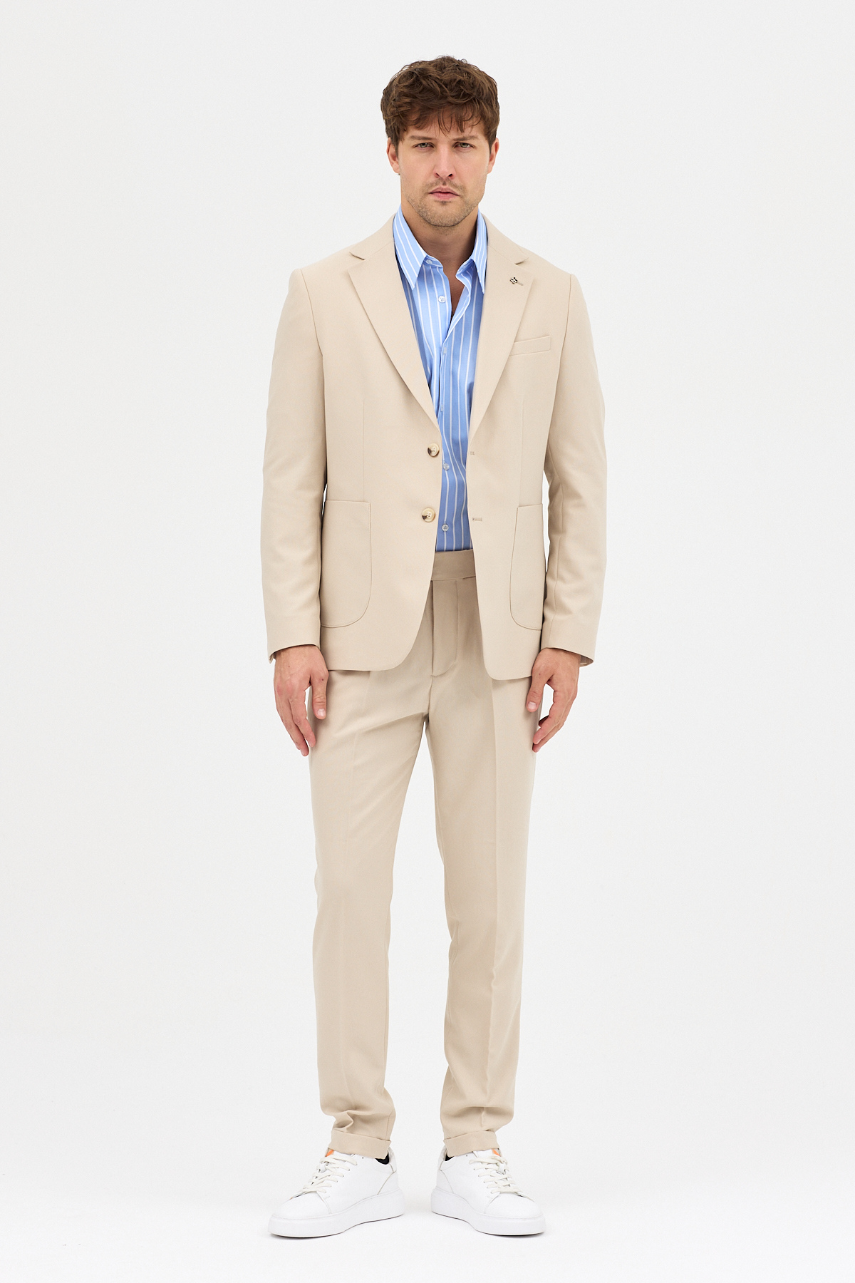Frappoli Lerma Men's Beige Bag Pocket Half-Lined Jacket+Pleated Trousers 2-Piece Slim Fit Suit