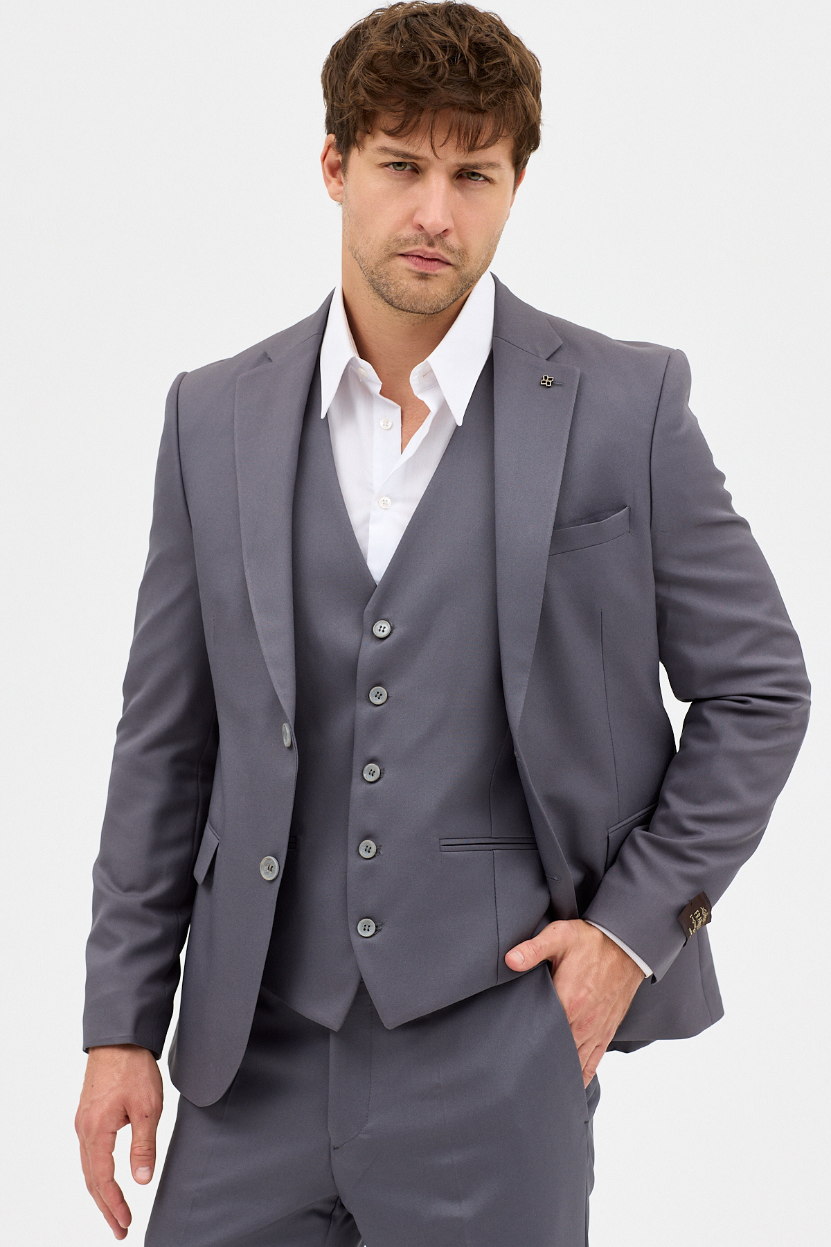 Frappoli Celiato Erkek Antrasit Poliviskon Kumaşlı Ceket+Pantolon+Yelekli Slim Fit Takim Elbise