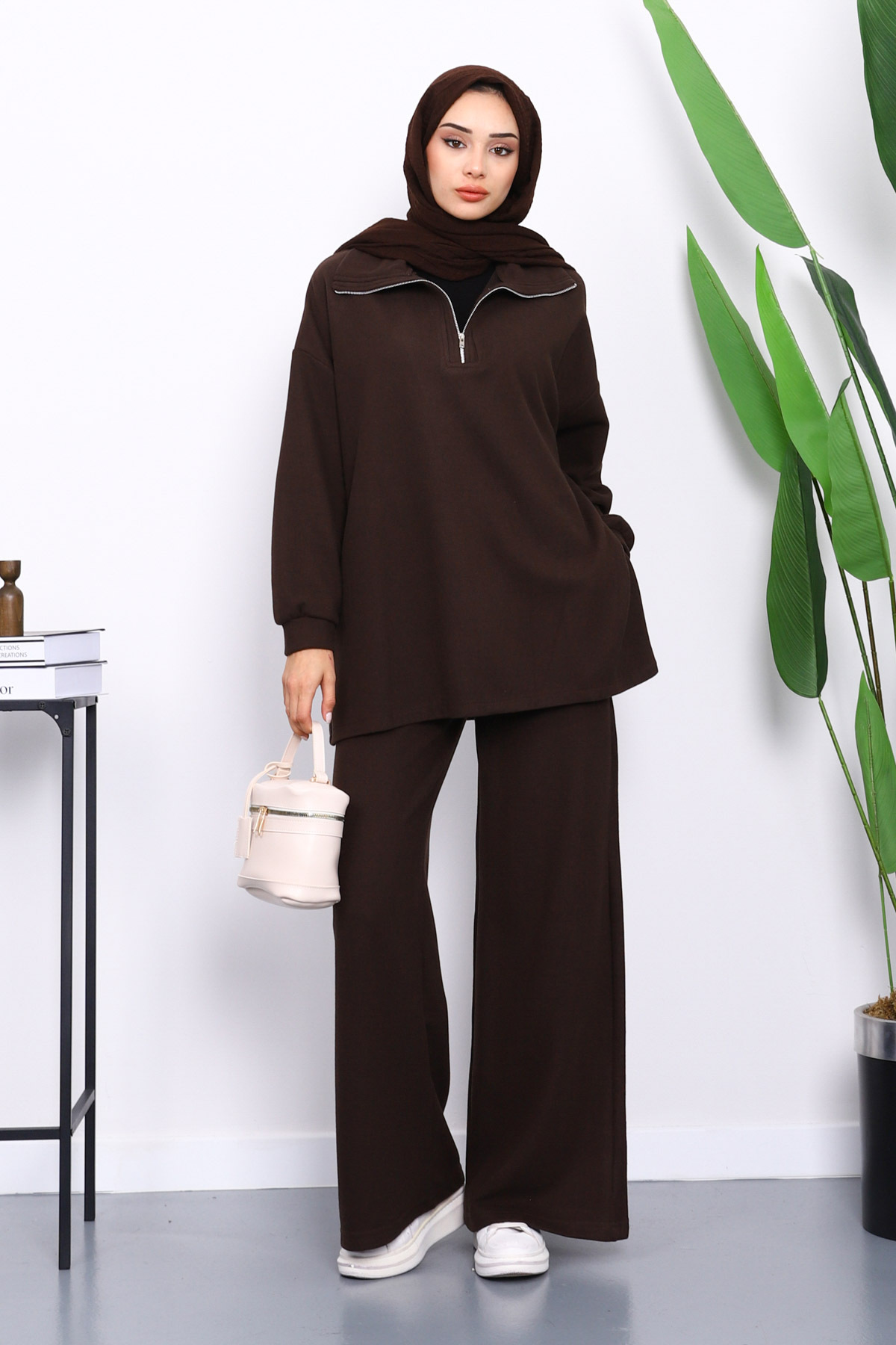 İmajButik Brown Collar Zippered Tunic with Trousers Corded Fabric Sets