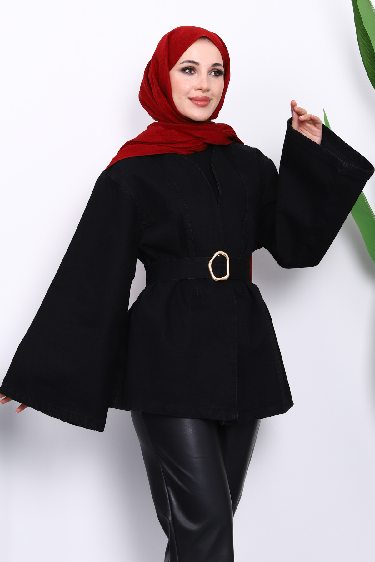 İmajButik Siyah Geniş Kol Kemerli Kot Ceket