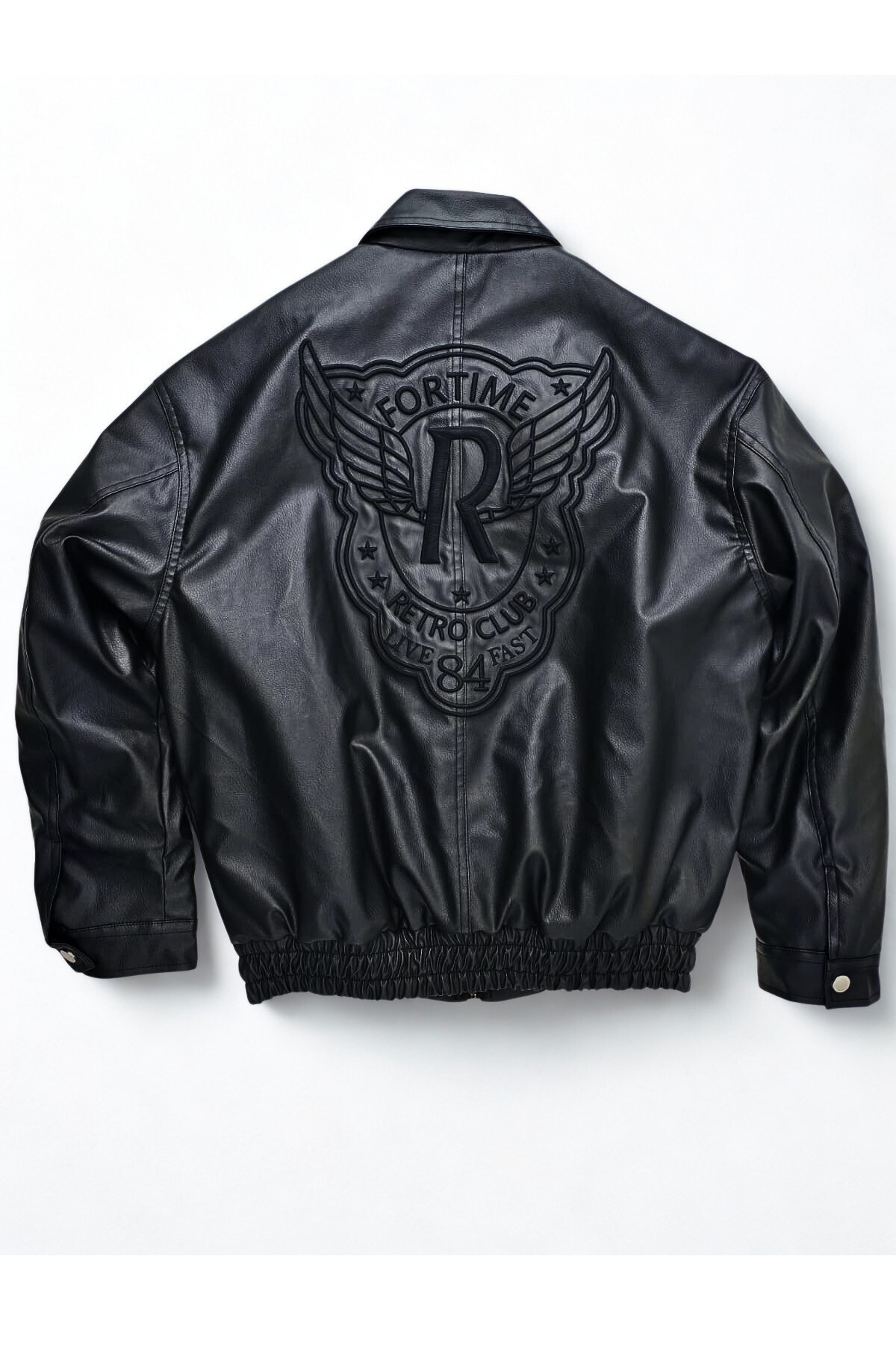 A&O Style Erkek Siyah Oversize Astarlı Fortime Nakışlı Bomber Deri Mont Ceket