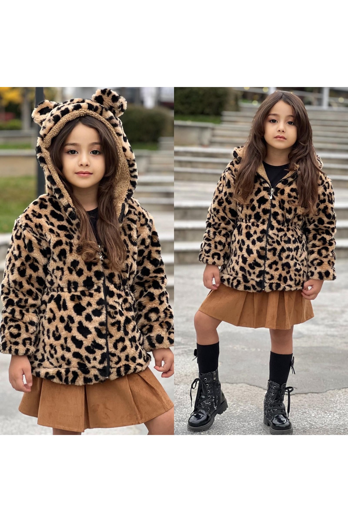 Calisa Kız Çocuk Leopar Kürklü Peluş Kaban - 3/12 Yaş - Kışlık Mont fotoğrafı 3 (önizleme)