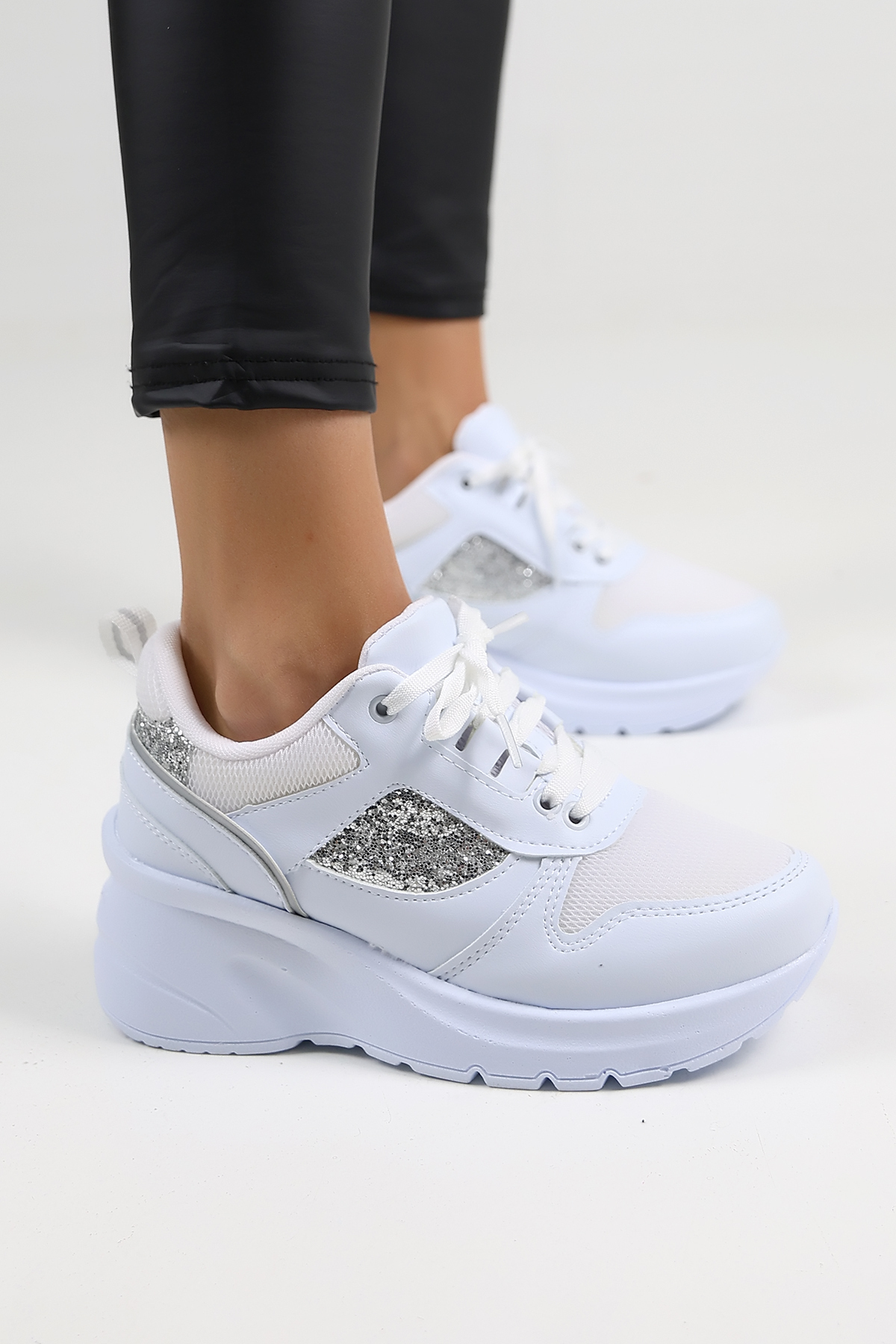 Women's Casual Sneaker in White – Sequins Detailed, High Sole, Comfortable and Stylish Sports Model