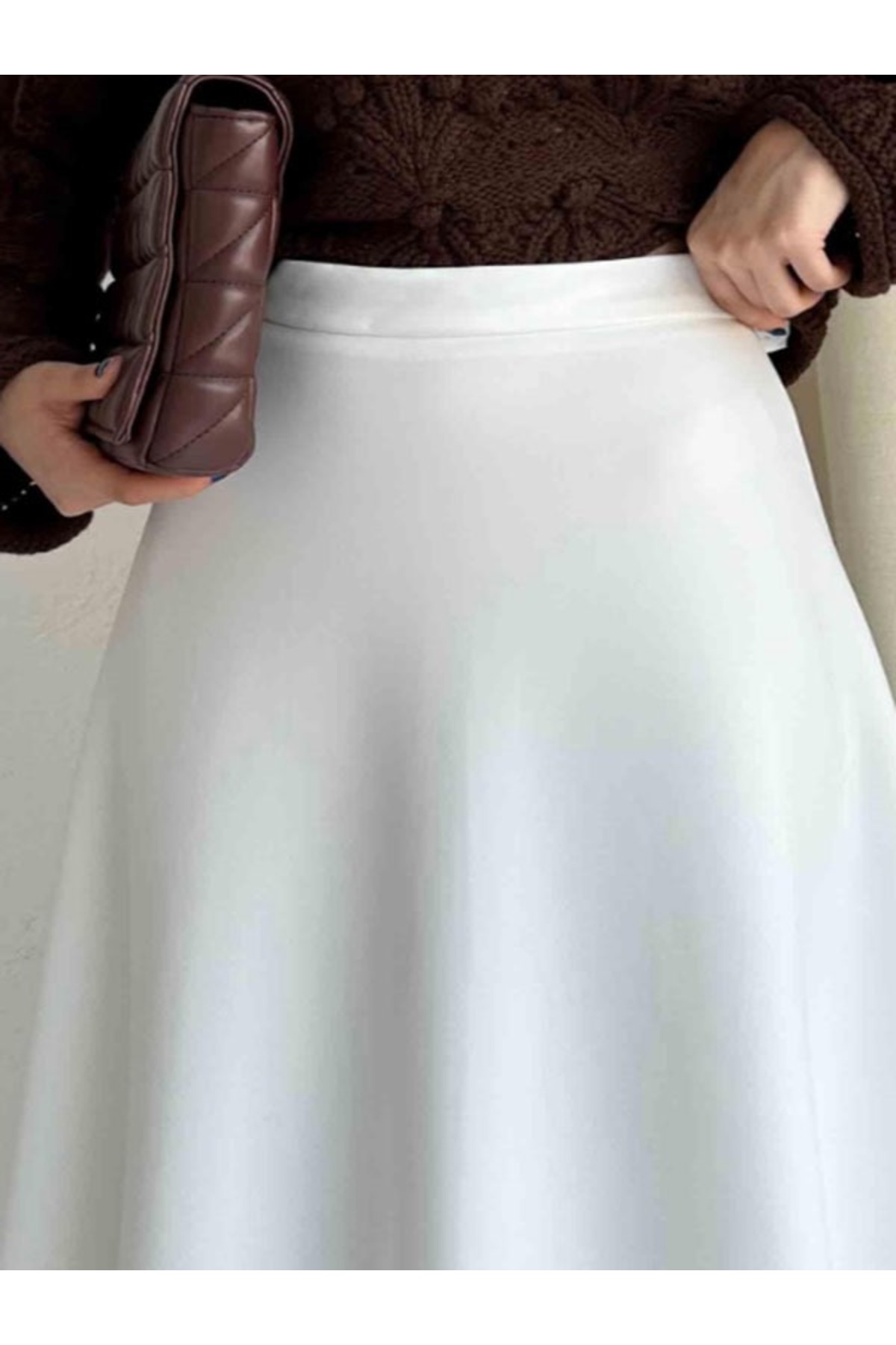 greymoda  BEYAZ Kadın Scuba Kumaş Puf Kloş Tesettür ve Günlük Etek BOY:94-95CM - Görsel 3