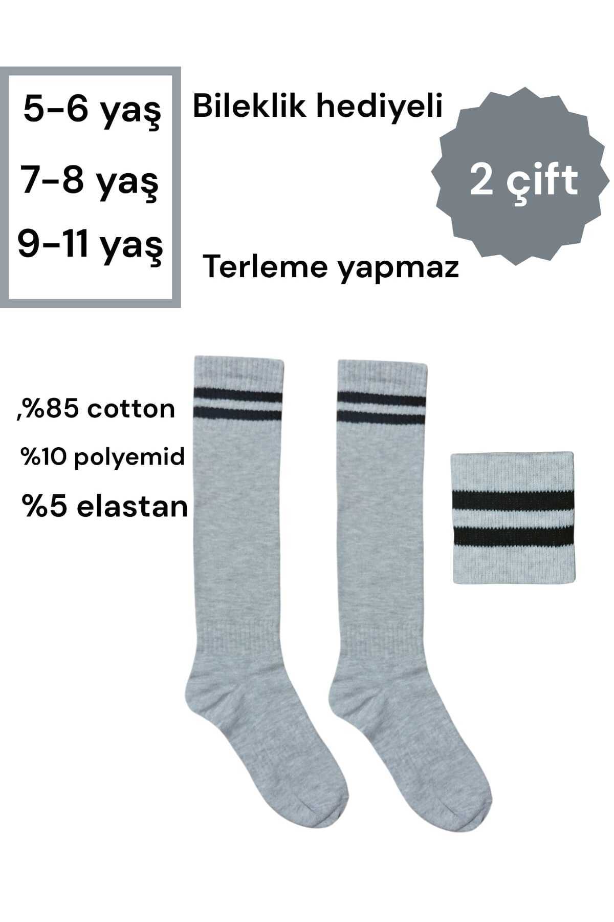 HAYEL 2 Çift Gri Siyah Çemberli Kız Erkek Çocuk Dizaltı tozluk Tenis Futbol Çorabı Okul Çorabı