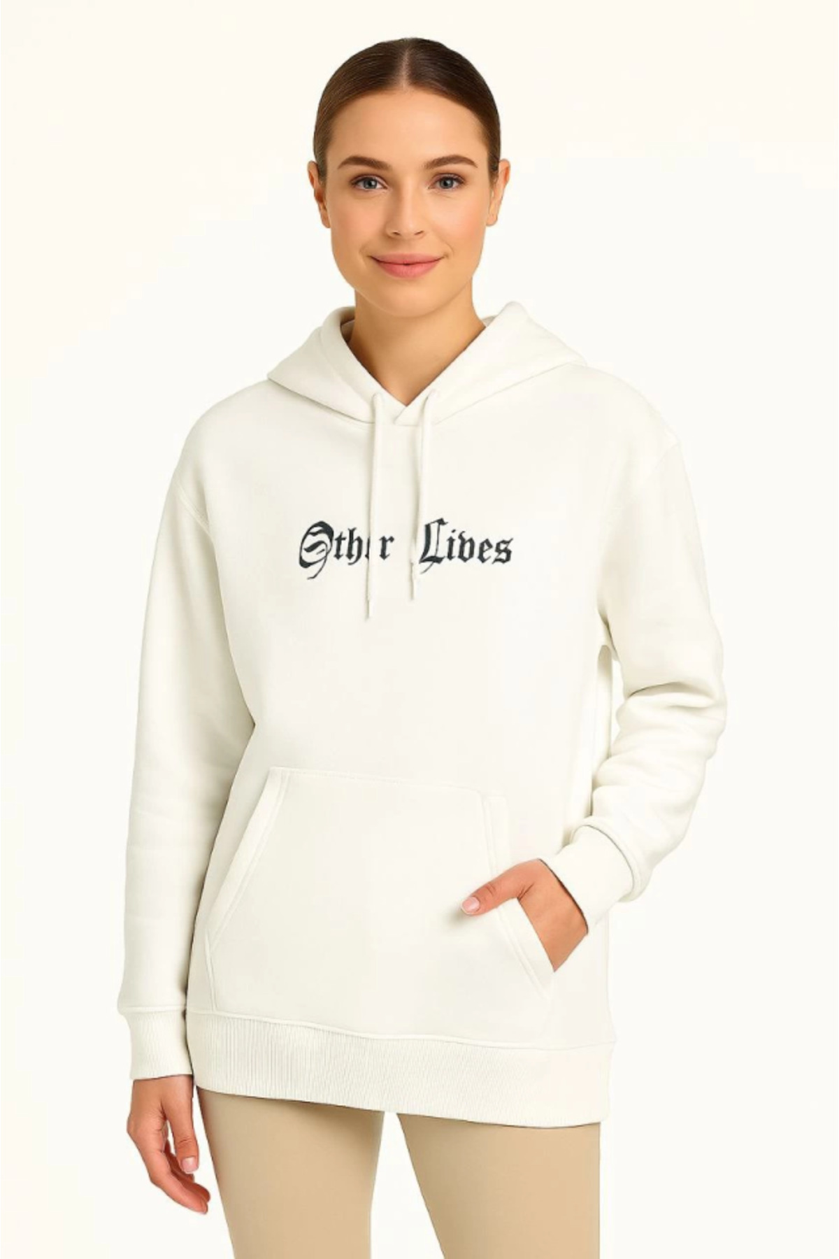 Oversize Üç İplik Şardonlu Kapüşonlu Sweatshirt – Beyaz “Other Lives” Ön Ve Arka Baskıl