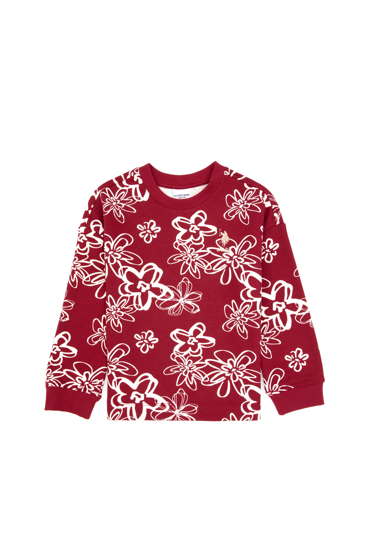 یو اس پولو سویشرت دخترانه یقه گرد طرح گلدار تمشکی تیره 50317957-VR104 یو اس پولو سویشرت دخترانه یقه گرد طرح گلدار تمشکی تیره 50317957-VR104