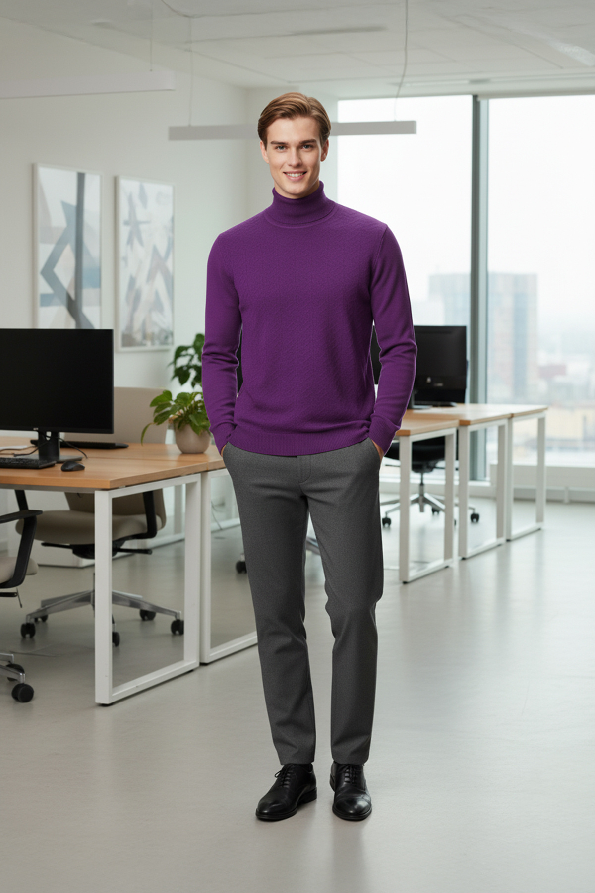 Erkek Balıkçı Yaka Regular Fit Kazak — بنفش T-208-06 — تصویر 3 از 4