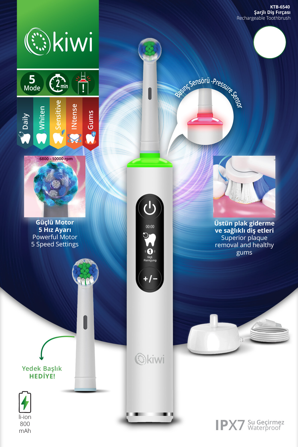 Kiwi KTB-6540 Şarjlı Diş Fırçası | 5 Farklı Mod & LCD Ekran Beyaz - Fiyatı, Yorumları