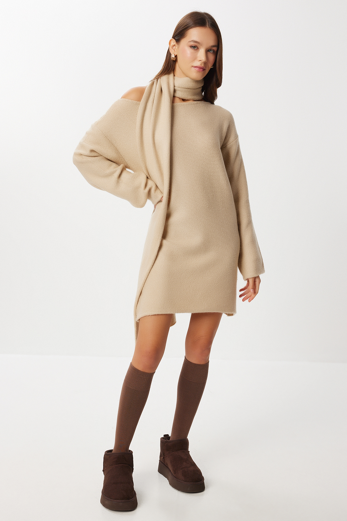 Lovelyİstanbul  Atkı Detaylı Triko Kazak LKİ0052 BEJ - Görsel 3