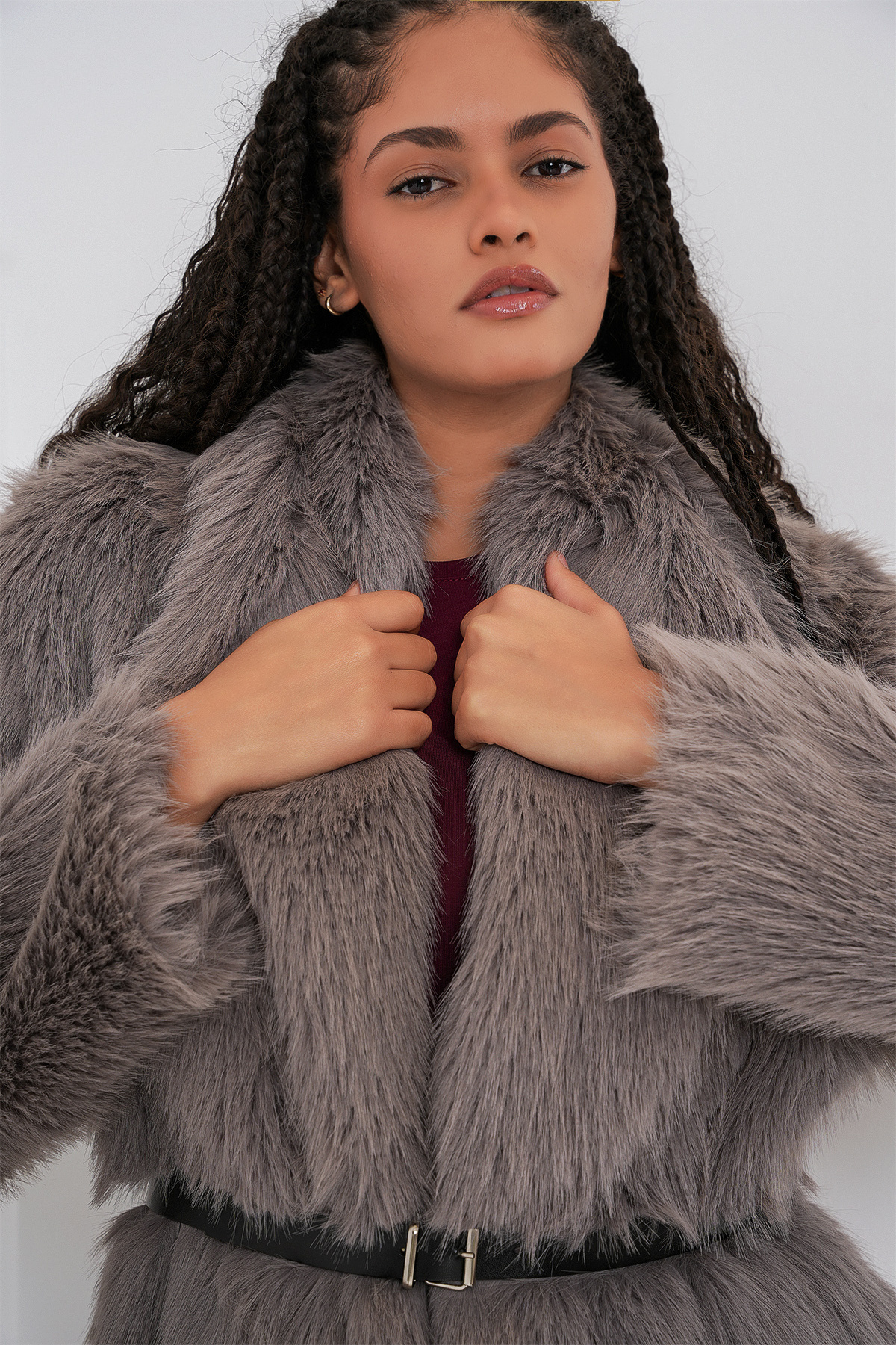Bigdart  Kadın Kemerli Oversize Kürklü Kaban 9156 - Füme - Görsel 4