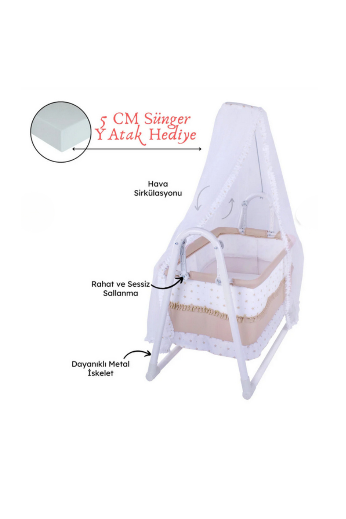babydoor Luna Lüks Sallanır Tüllü Portatif Sepet Beşik 5 CM SÜNGER YATAK Hediyeli Cibinlikli Beşik