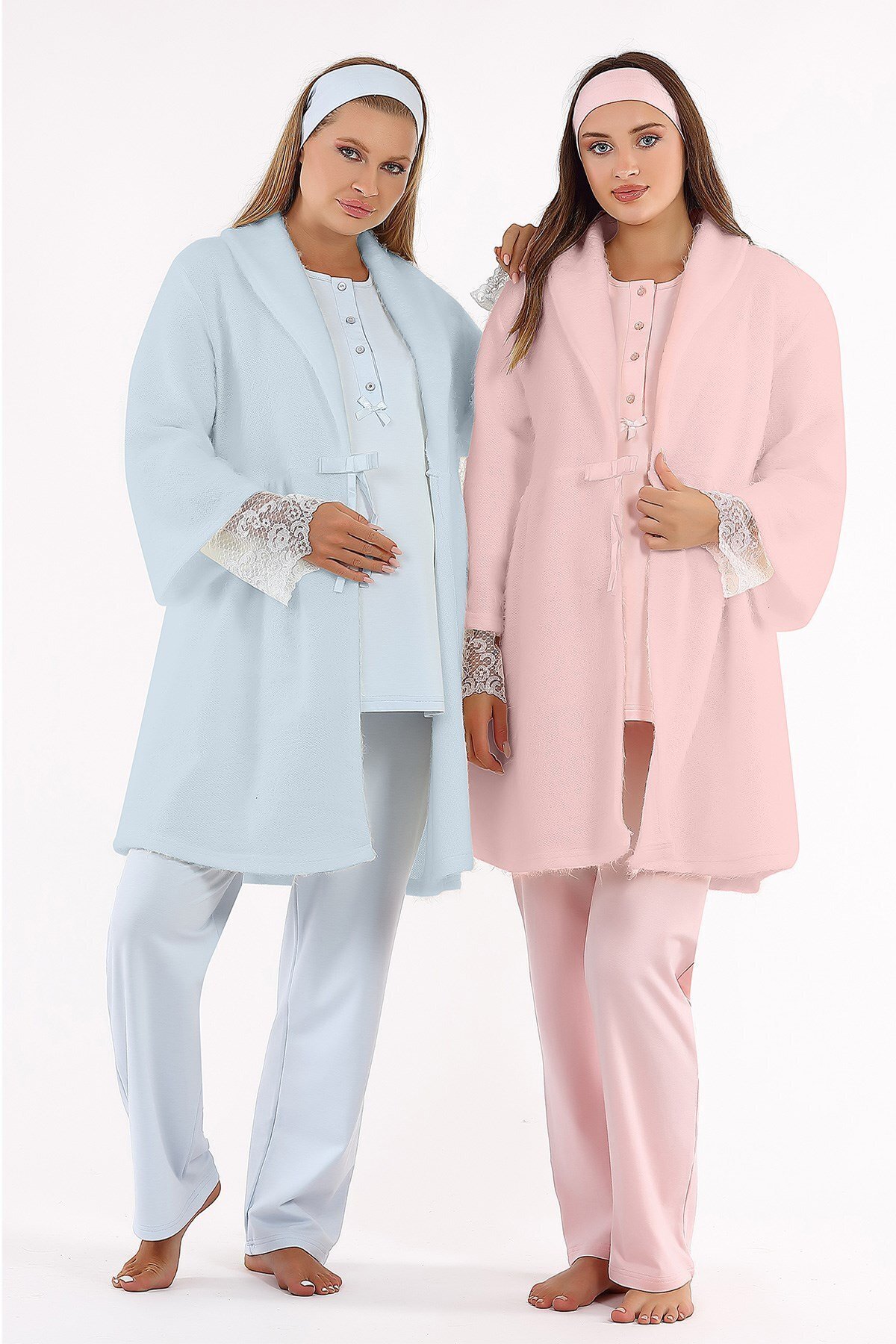 Baha BA-HA 4222 Kolları Dantelli Sabahlıklı Lohusa Pijama Takımı