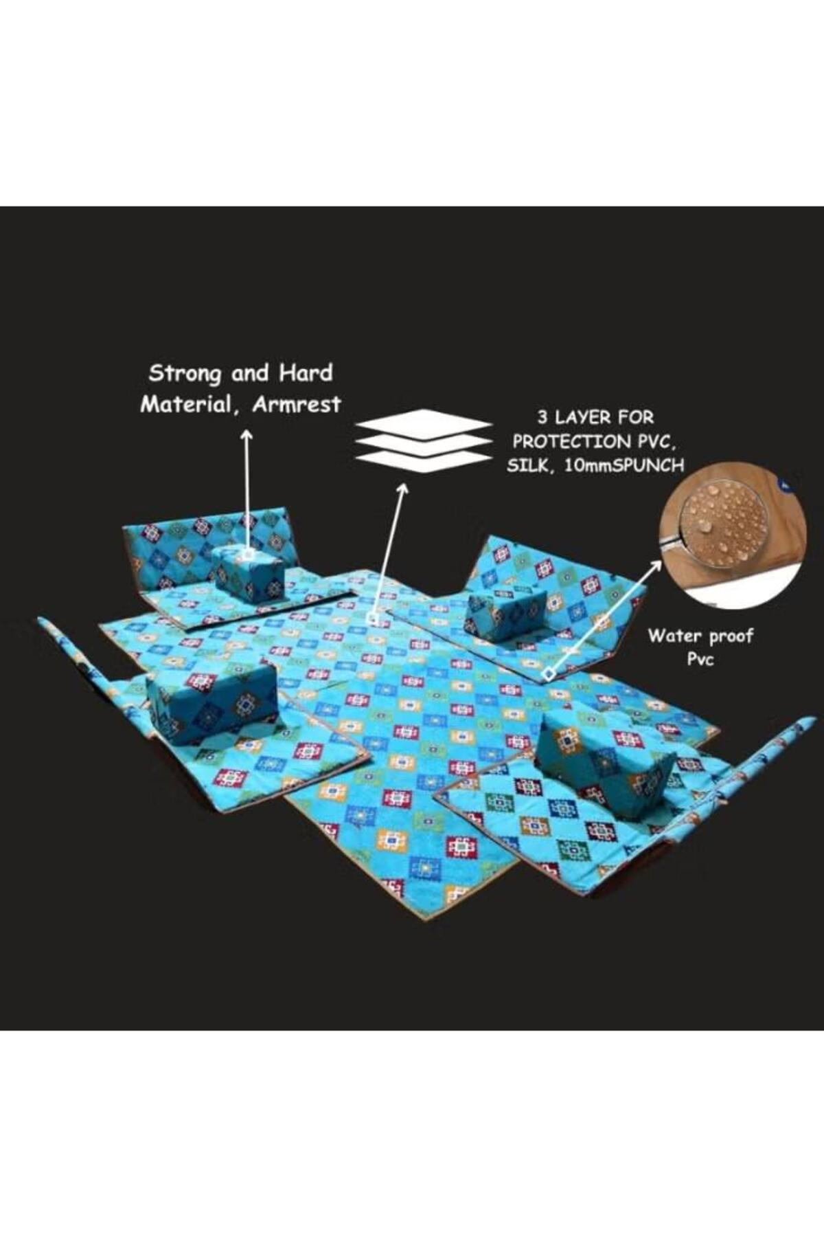 طقم جلسة أرضية 9 قطع: فرشة 300×200 سم،4 كراسي أرضية لشخصين و4 مراكي مريحة، تصميم عربي تراثي