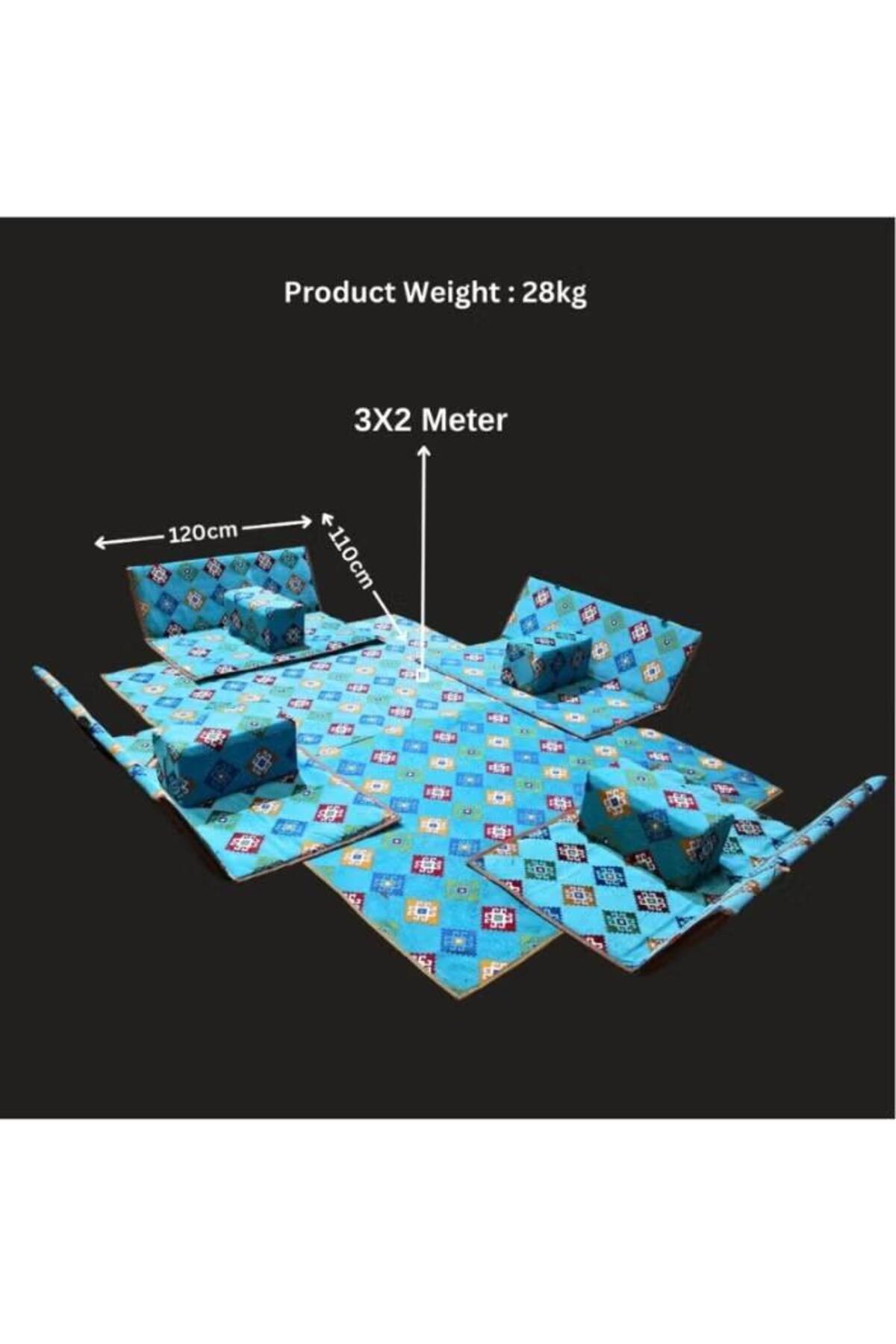 طقم جلسة أرضية 9 قطع: فرشة 300×200 سم،4 كراسي أرضية لشخصين و4 مراكي مريحة، تصميم عربي تراثي