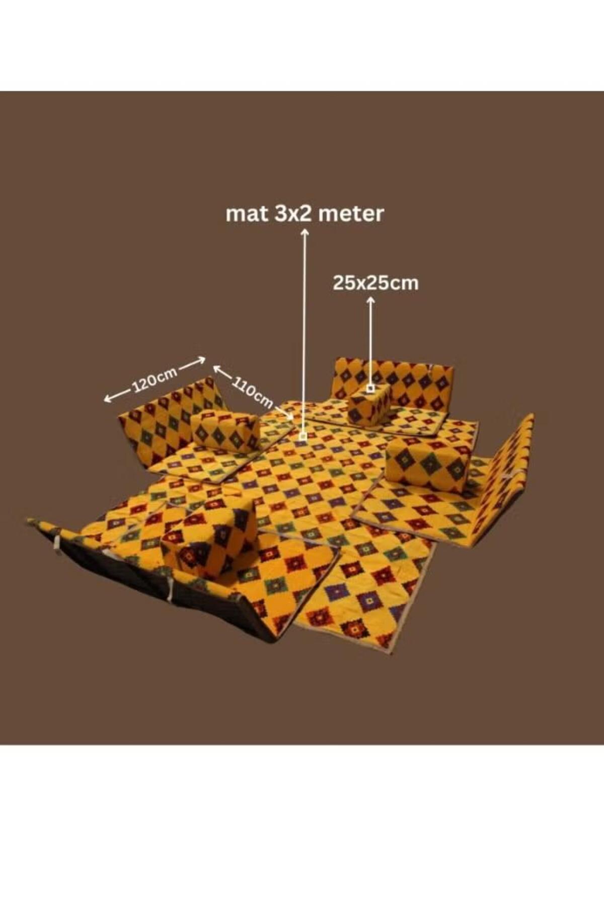 طقم جلسة أرضية 9 قطع: فرشة 300×200 سم، 4 كراسي أرضية لشخصين و4 مراكي مريحة، تصميم عربي عصري