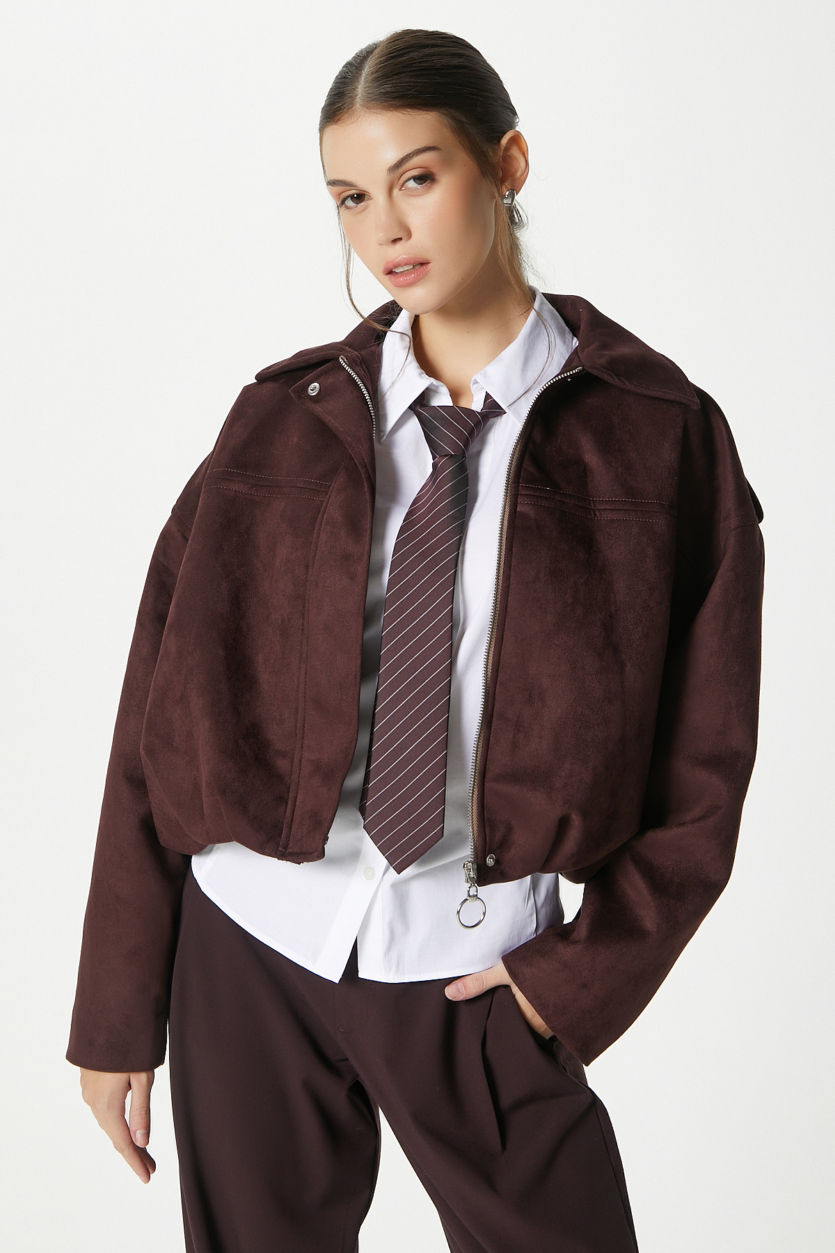 Ritnice  Kadın Rodney Süet Etkili Mürdüm Bomber Ceket - Görsel 7