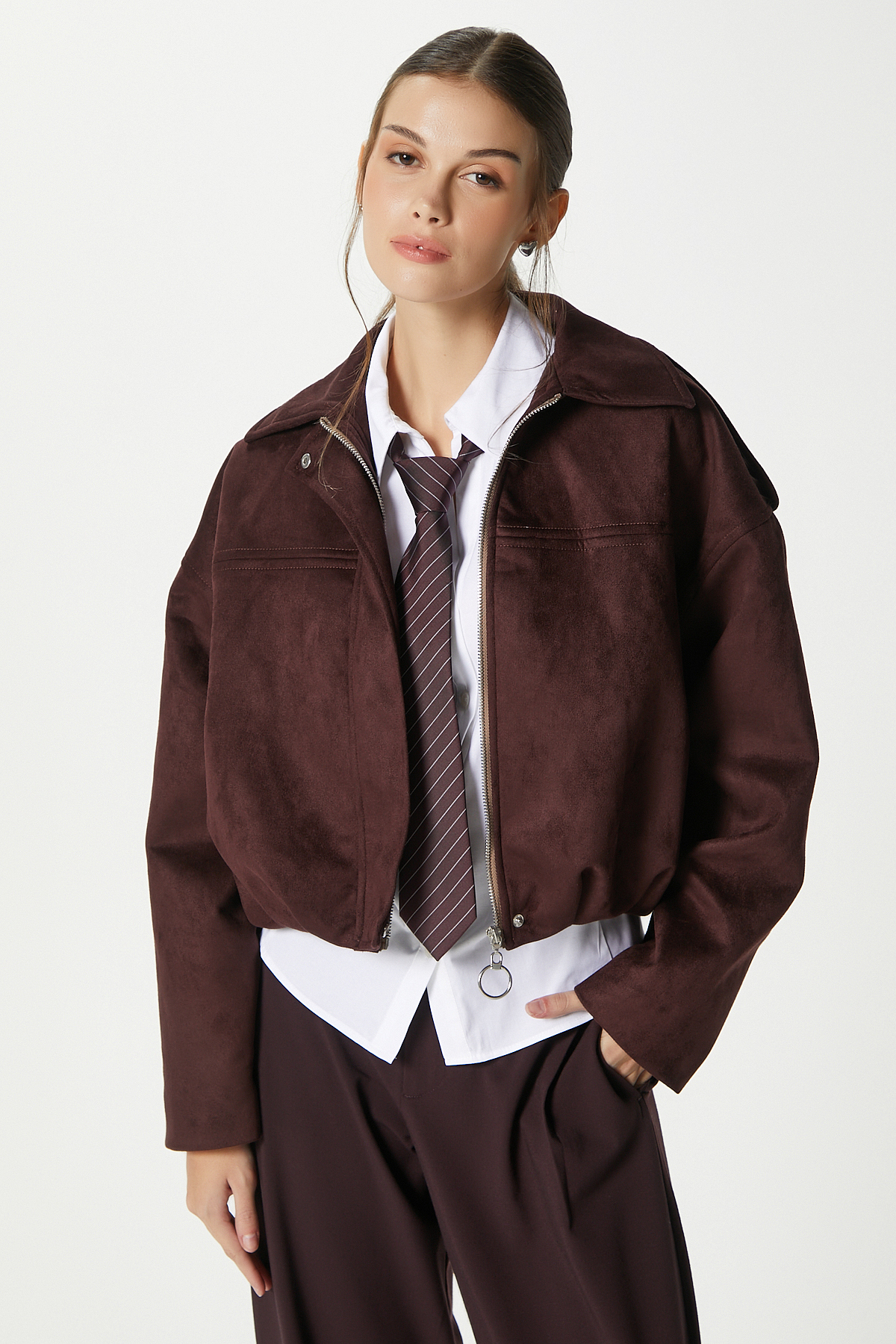 Ritnice  Kadın Rodney Süet Etkili Mürdüm Bomber Ceket - Görsel 4