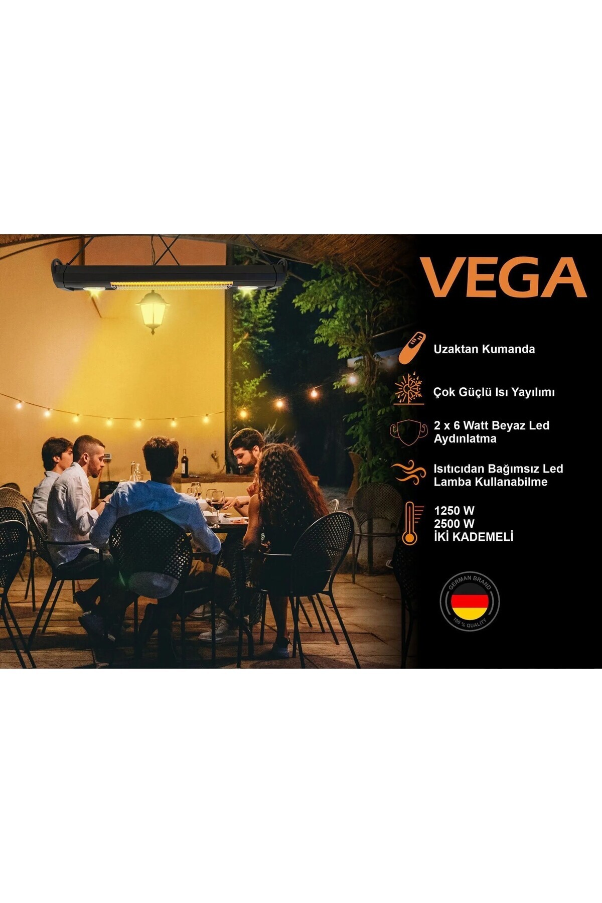 Mirkraft VEGA 2500W Sarkıt Tipi Karbon Infrared Isıtıcı Kumandalı Led aydınlatmalı