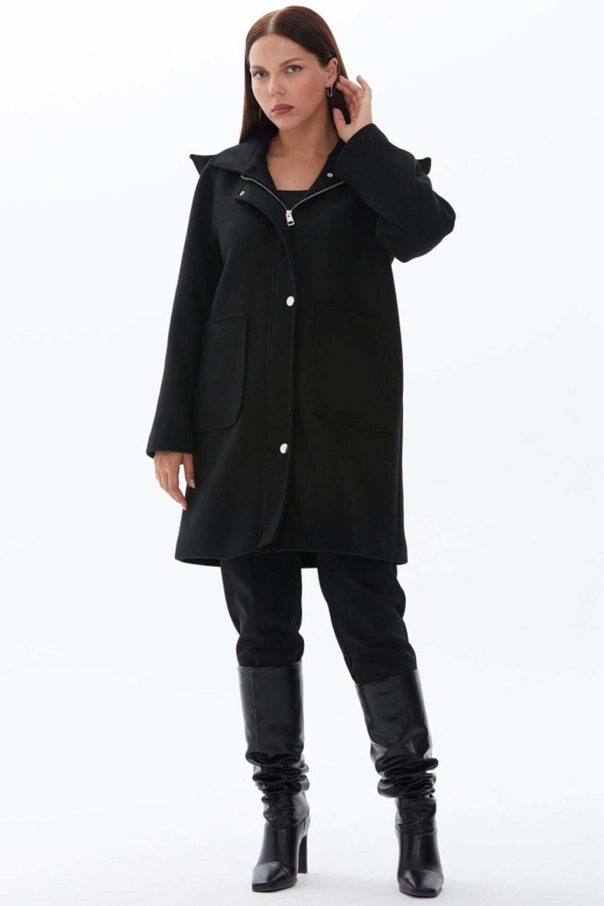 Selen Giyim Büyük Beden Dıştan Cep Fermuarlı Kaban